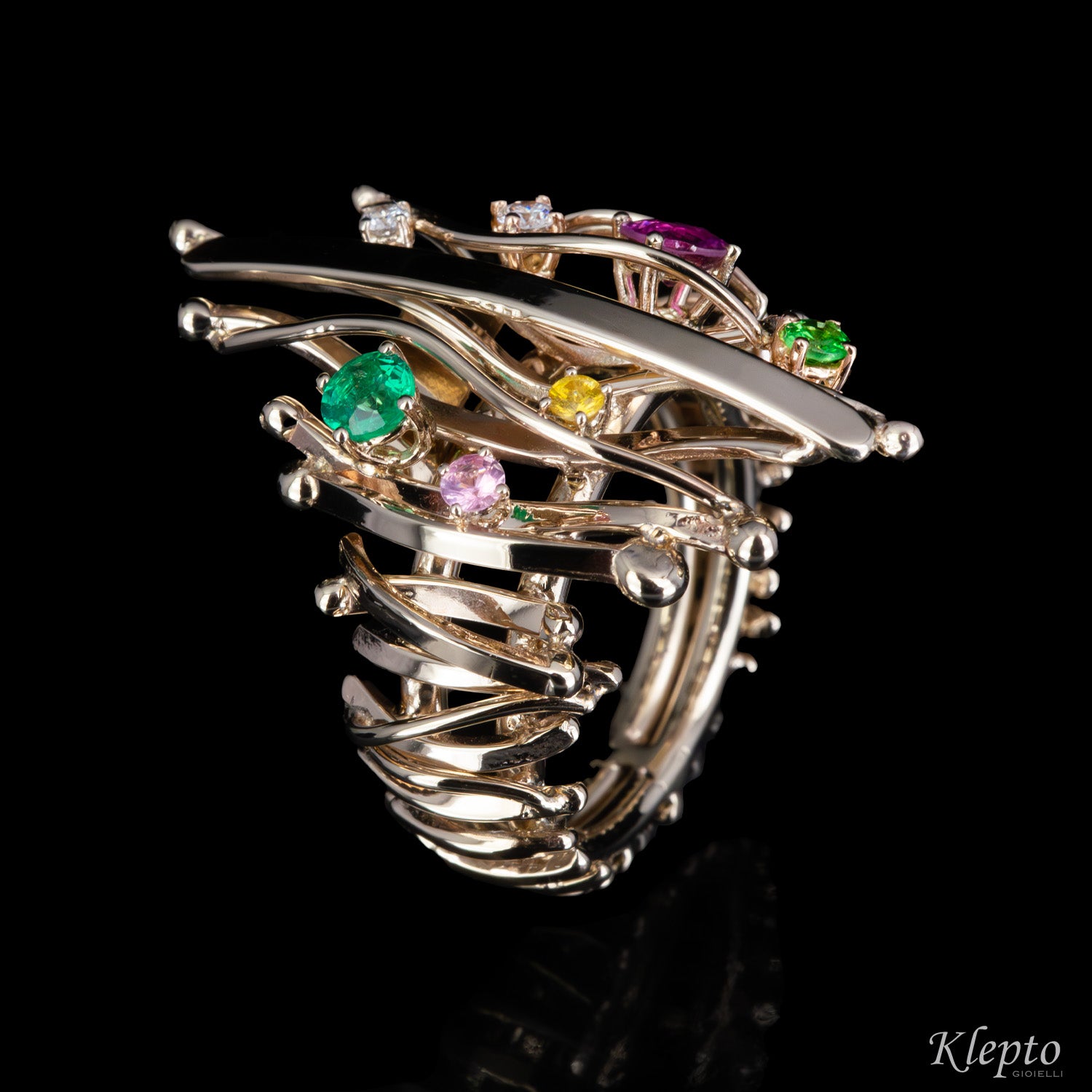 Anello in oro bianco naturale “Equilibrio” con pietre preziose