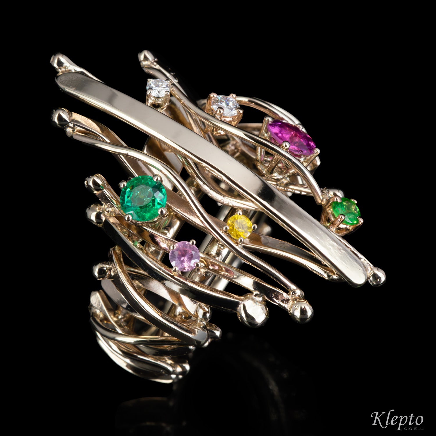 Anello in oro bianco naturale “Equilibrio” con pietre preziose