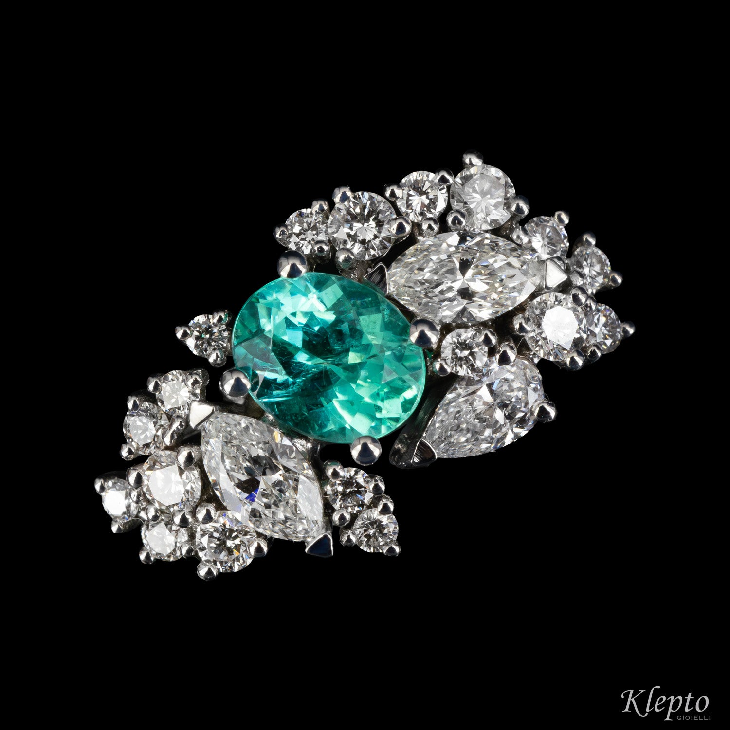 Anello classico by Klepto in oro bianco con Tormalina Paraiba e Diamanti