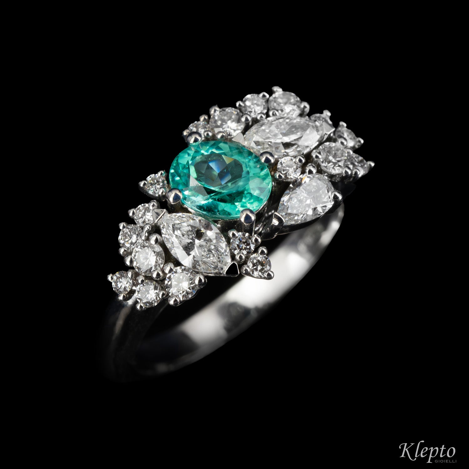 Anello classico by Klepto in oro bianco con Tormalina Paraiba e Diamanti