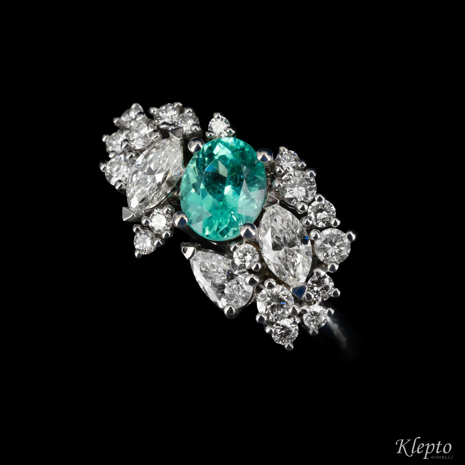 Anello classico by Klepto in oro bianco con Tormalina Paraiba e Diamanti