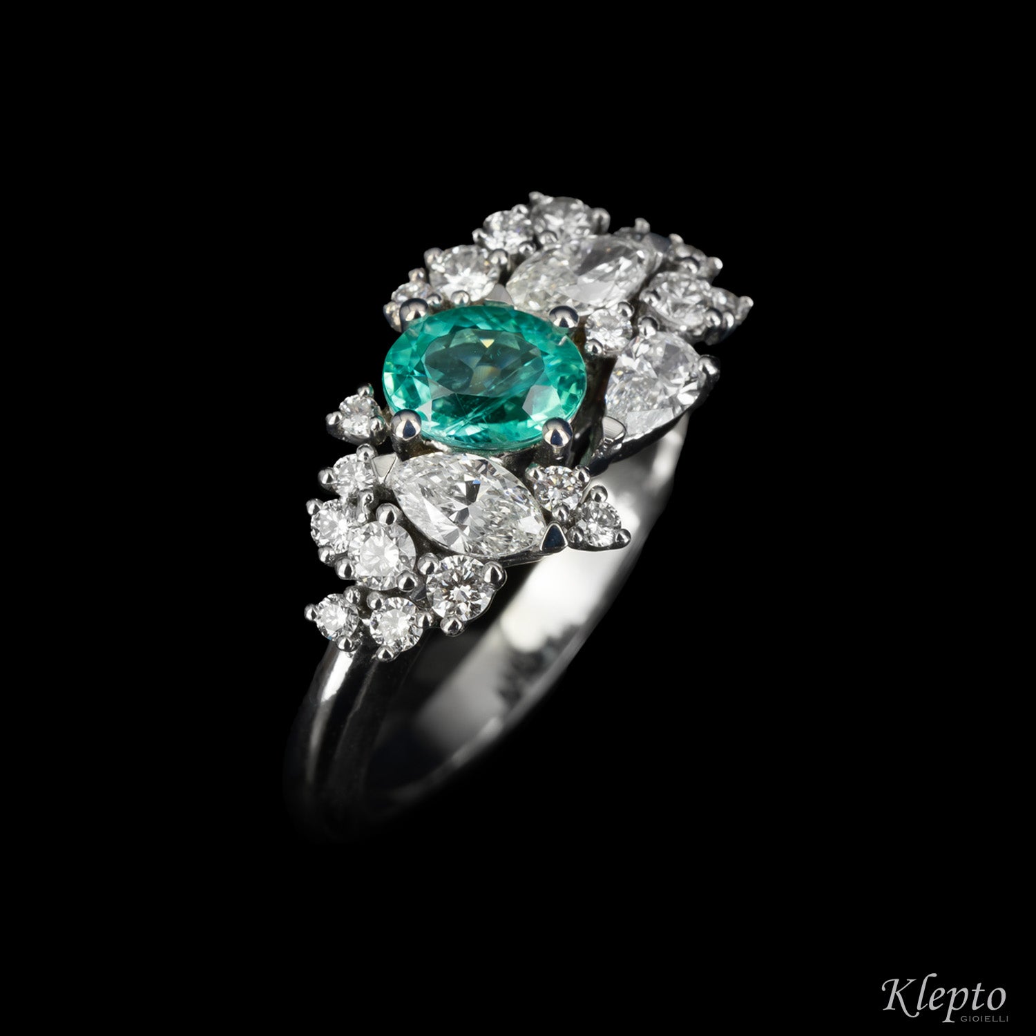 Anello classico by Klepto in oro bianco con Tormalina Paraiba e Diamanti