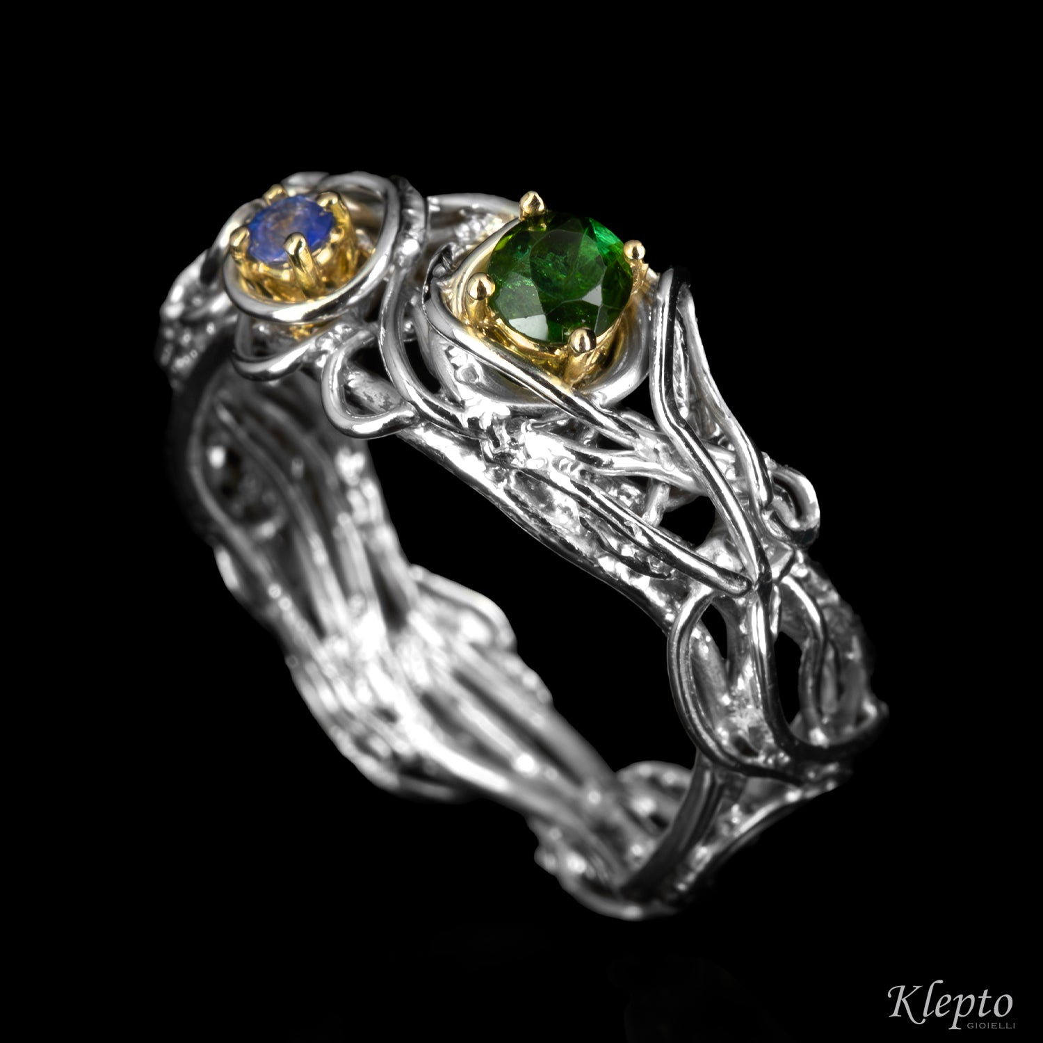 Anello in Argento Silnova® con Zaffiro, Tormalina e dettagli in oro giallo