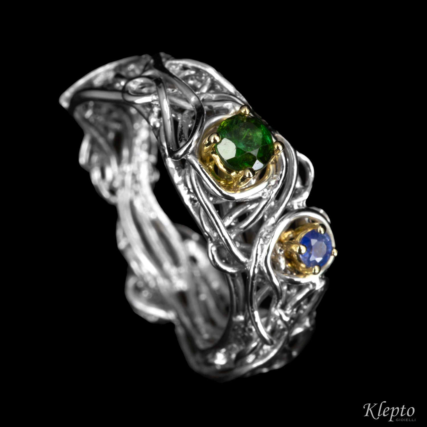 Anello in Argento Silnova® con Zaffiro, Tormalina e dettagli in oro giallo