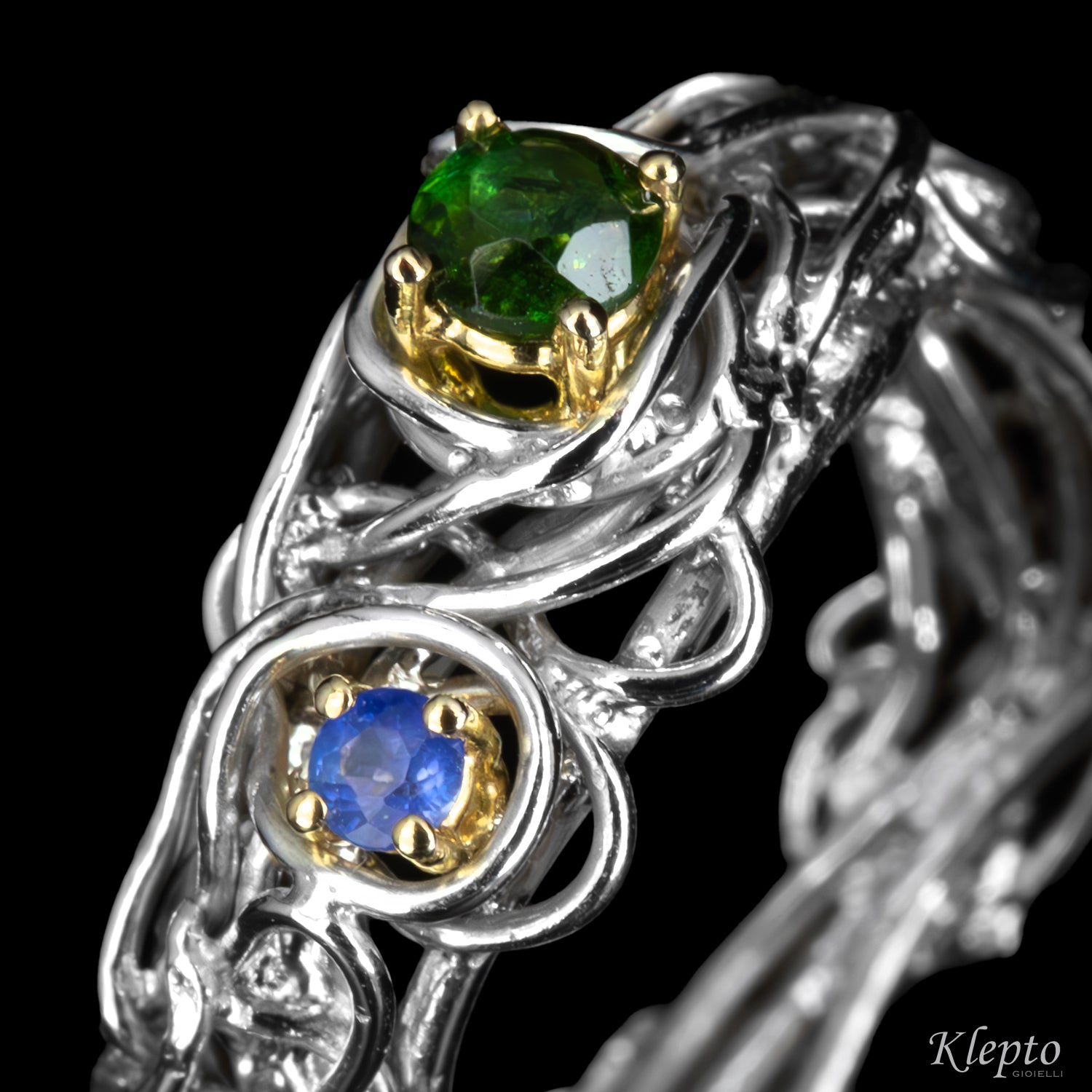 Anello in Argento Silnova® con Zaffiro, Tormalina e dettagli in oro giallo