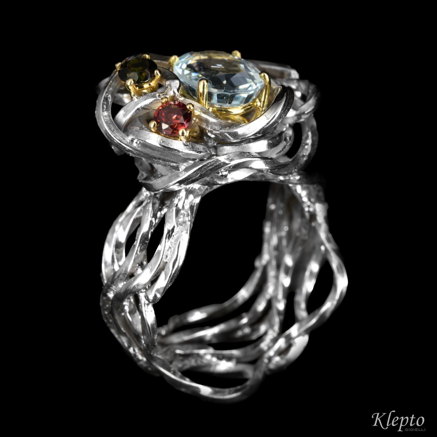 Anello in Argento Silnova con Acquamarina, Tormalina, Rodolite dettagli in oro giallo