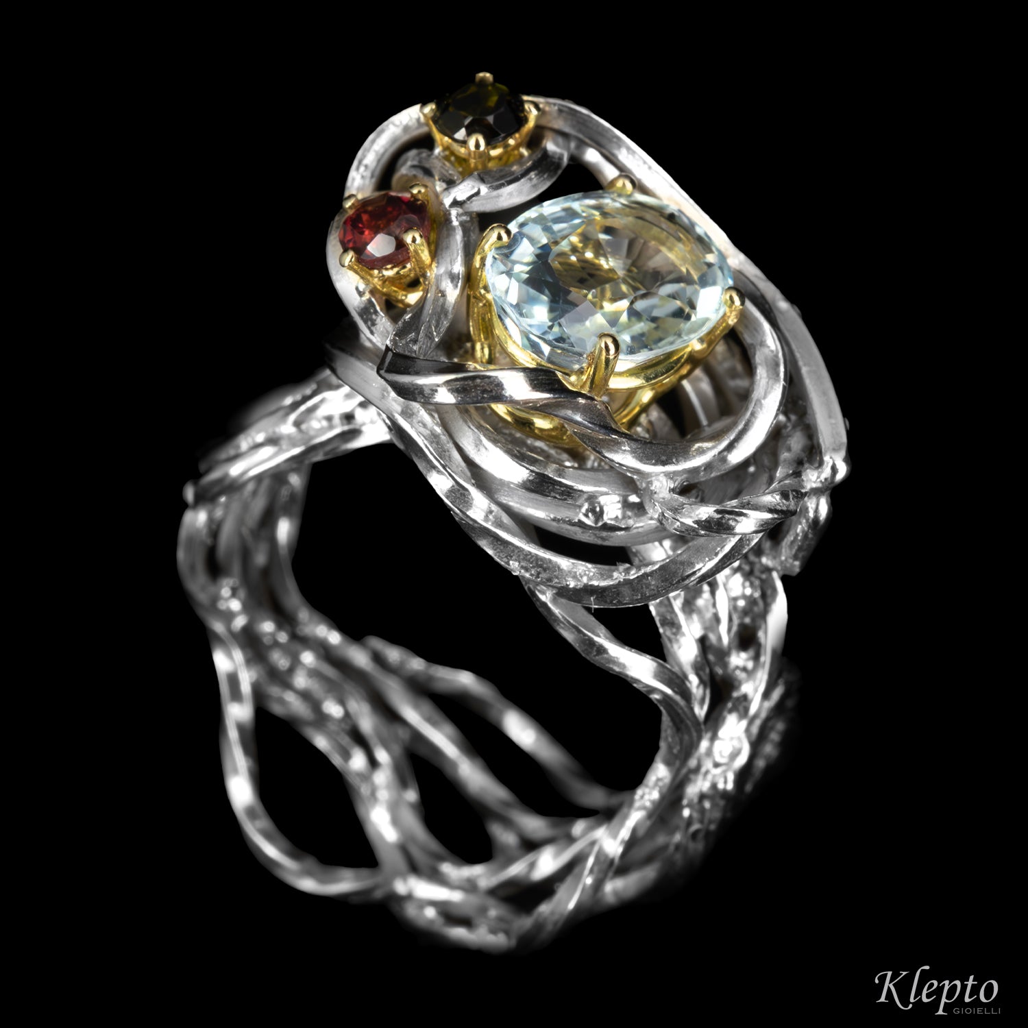 Anello in Argento Silnova con Acquamarina, Tormalina, Rodolite dettagli in oro giallo