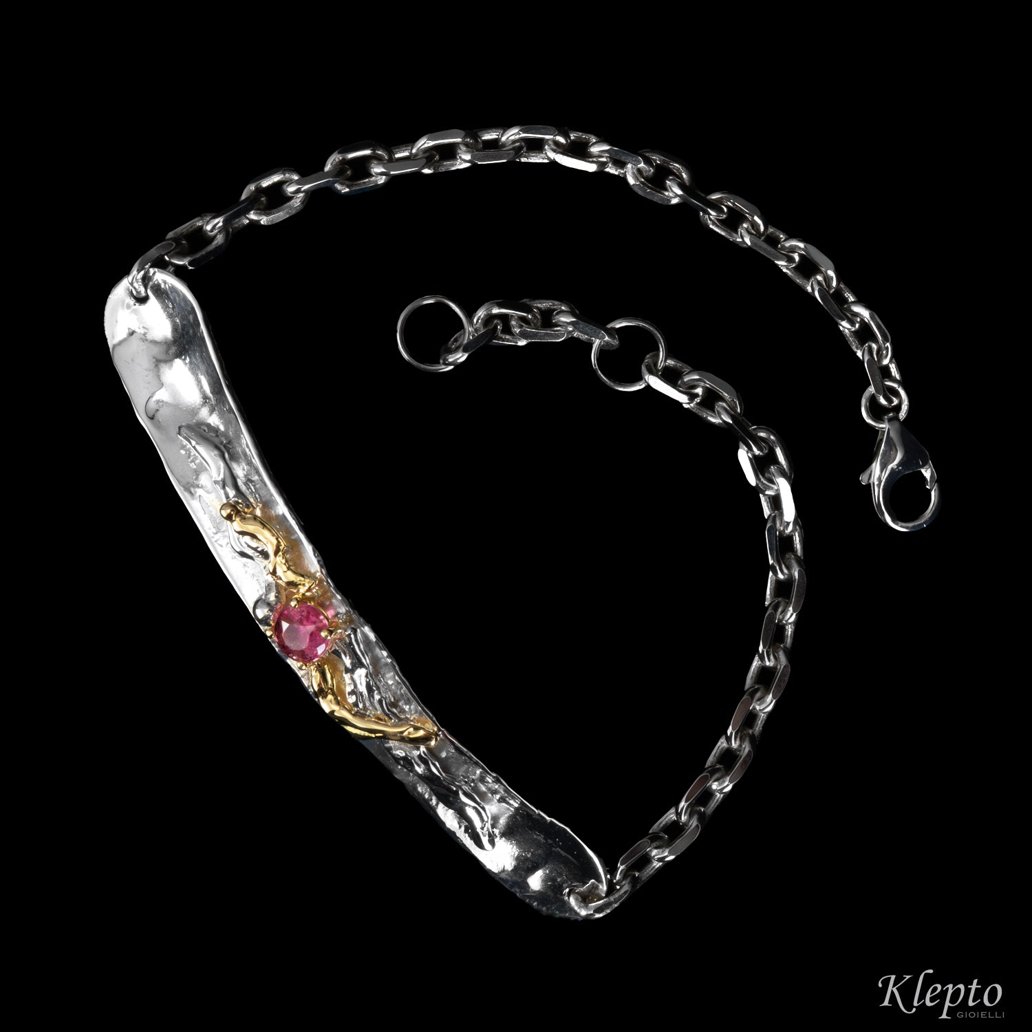 Bracciale in Argento Silnova® con Tormalina rosa e dettagli in oro giallo