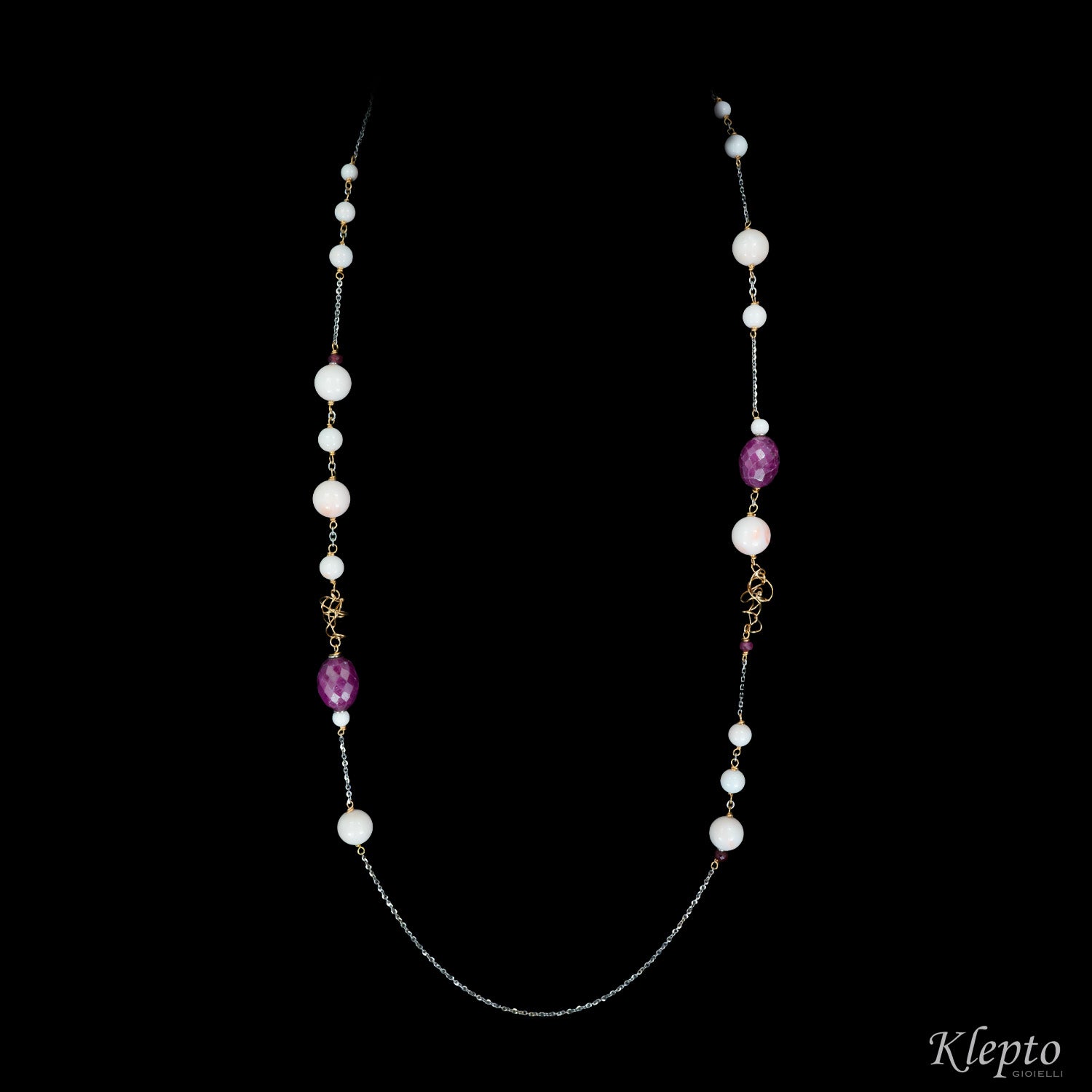 Collana in oro bianco e oro rosa "Chanel" con Corallo rosa e Rubini grezzi