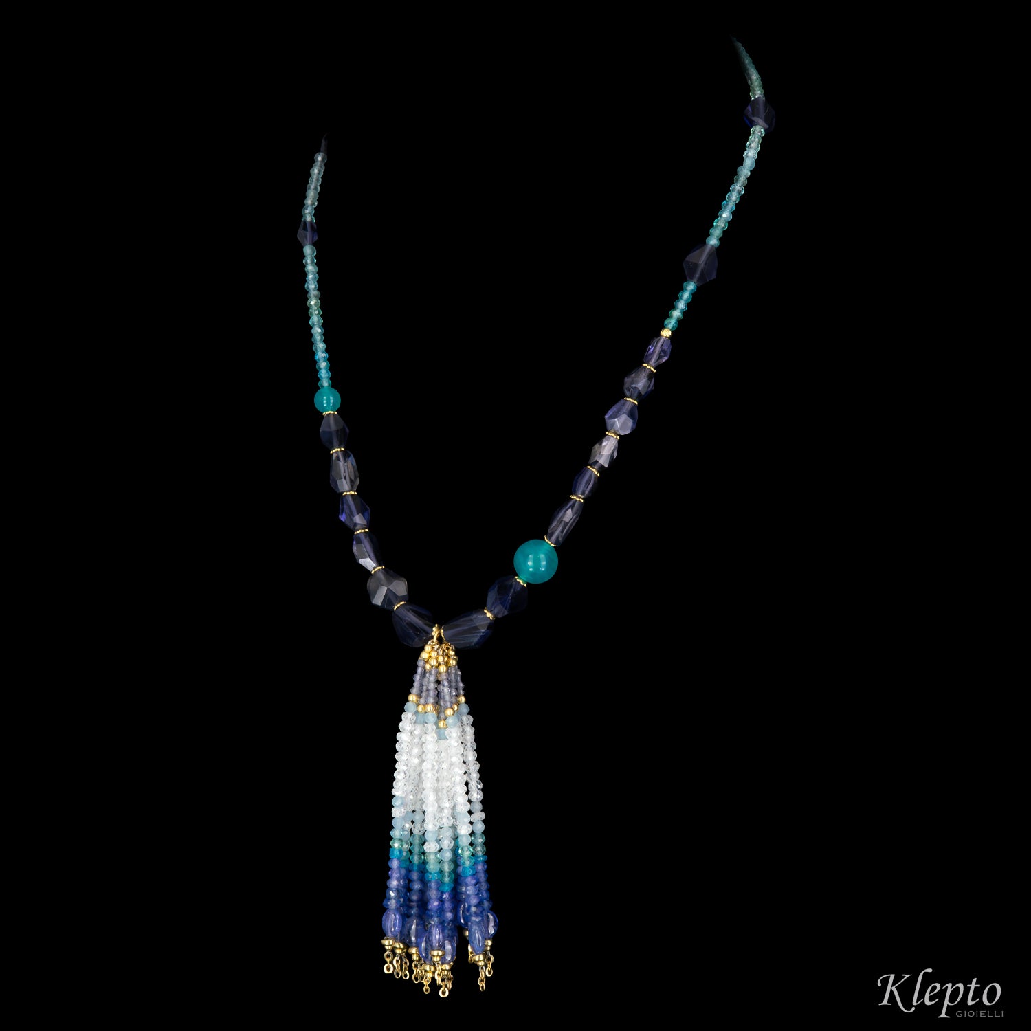 Collana Nappa in oro giallo con Amazzonite, Iolite, Tanzanite e Pietra di luna