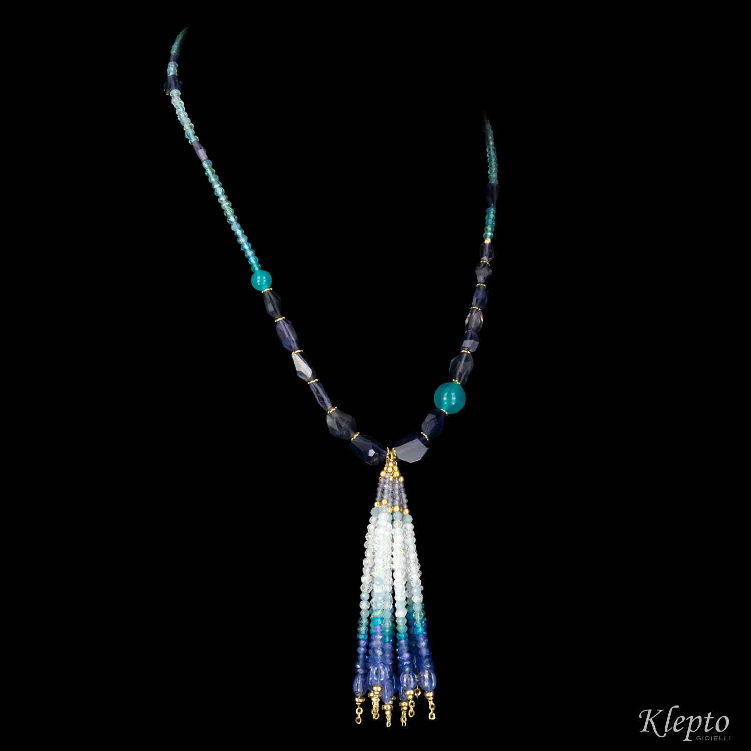 Collana Nappa in oro giallo con Amazzonite, Iolite, Tanzanite e Pietra di luna