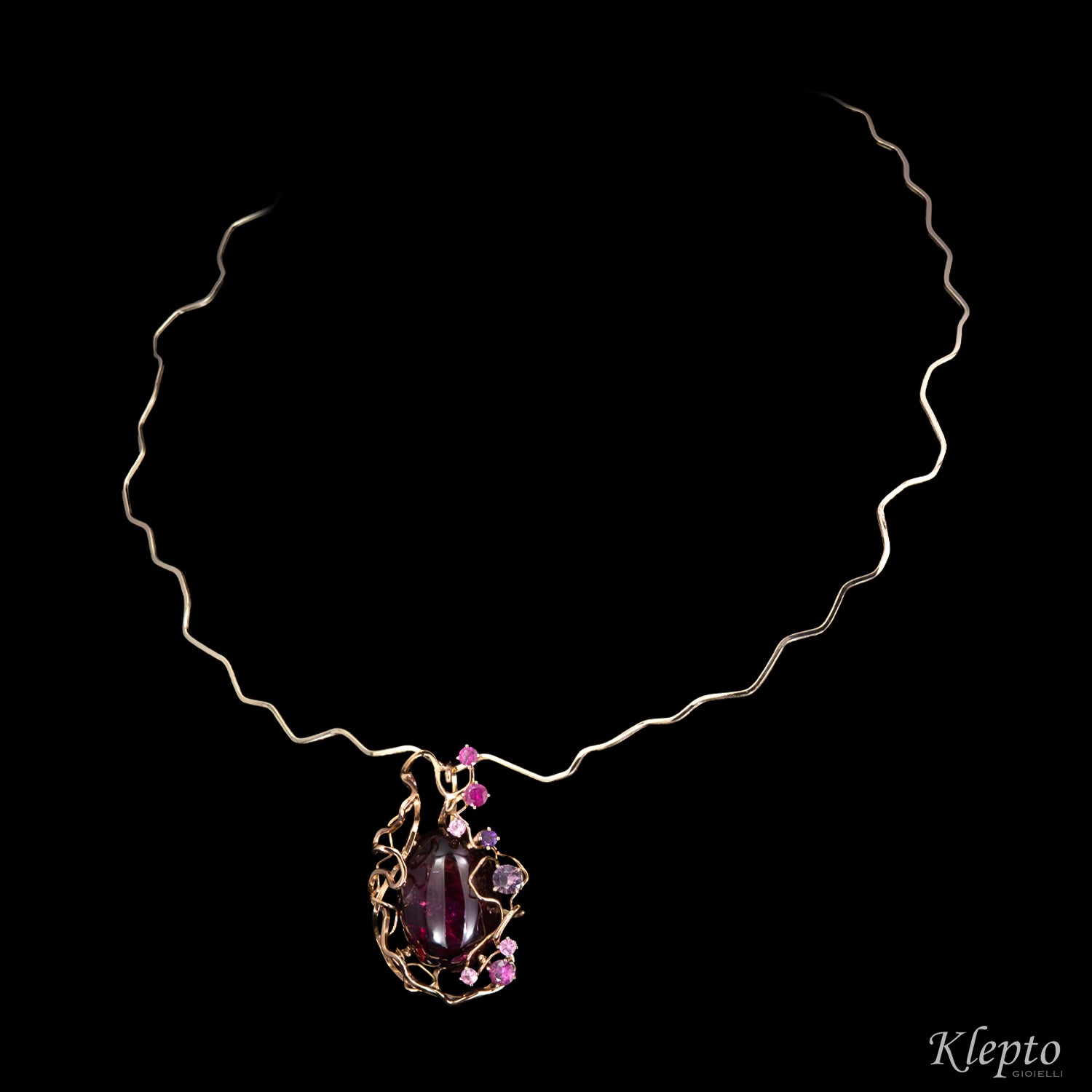 Collier in oro rosa e bianco naturale "Origini" con Tormalina cabochon e Zaffiri