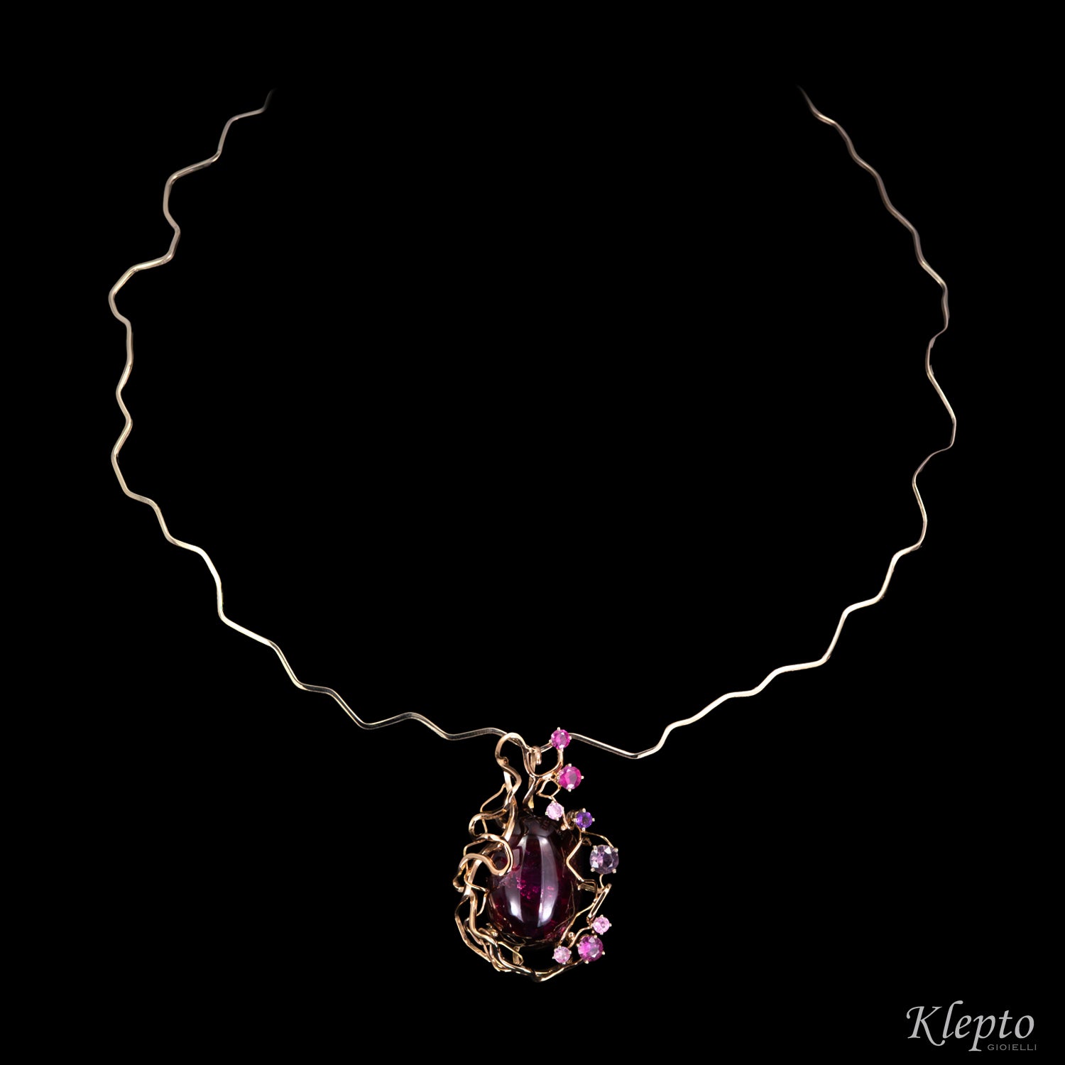 Collier in oro rosa e bianco naturale "Origini" con Tormalina cabochon e Zaffiri