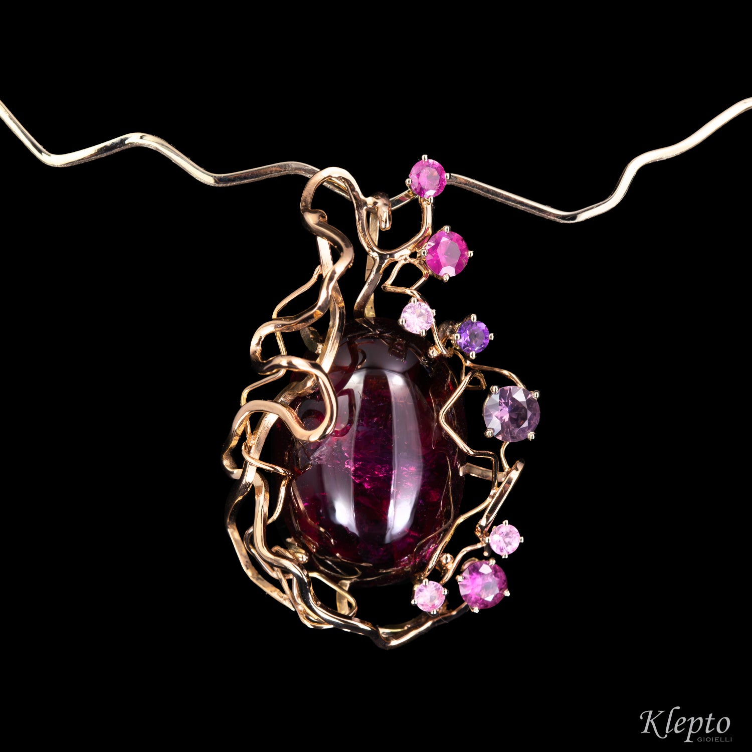 Collier in oro rosa e bianco naturale "Origini" con Tormalina cabochon e Zaffiri