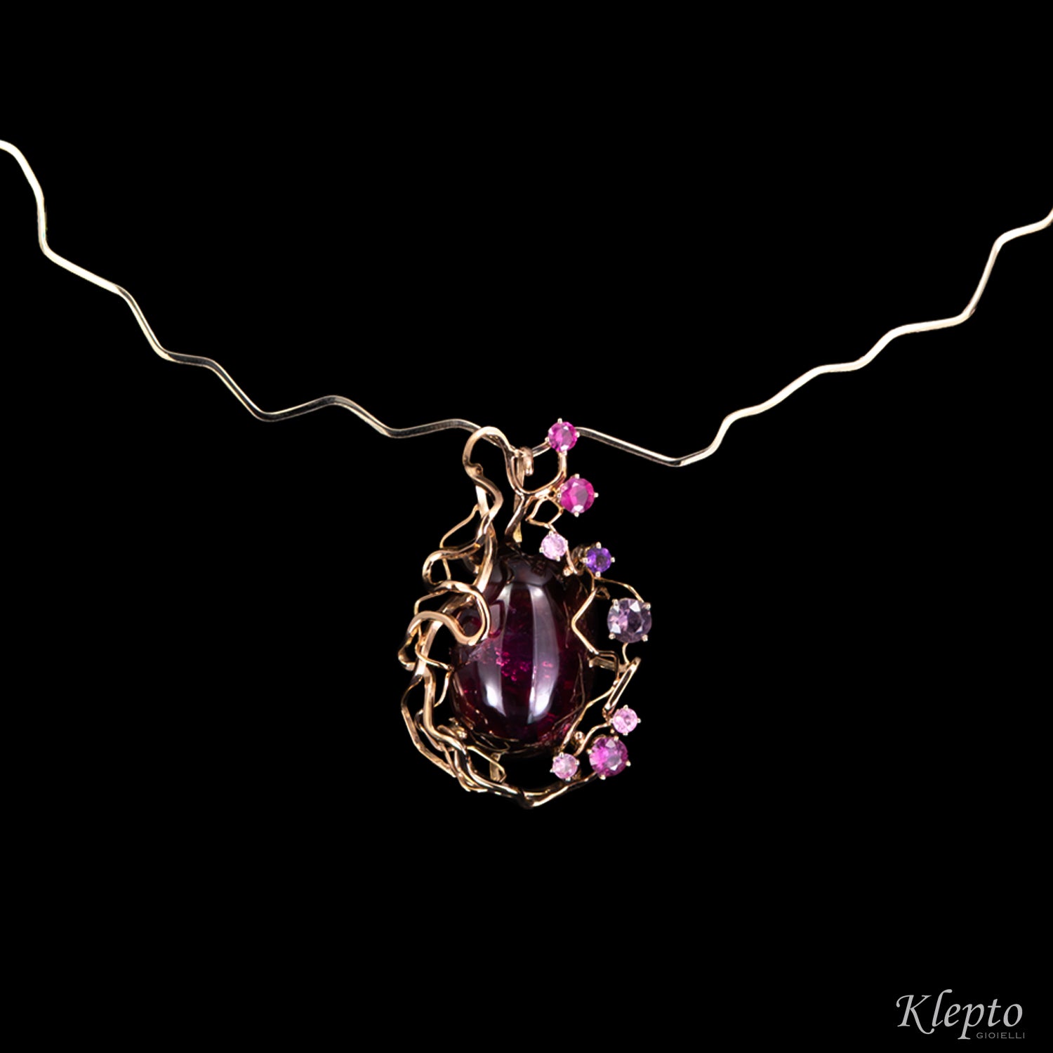 Collier in oro rosa e bianco naturale "Origini" con Tormalina cabochon e Zaffiri