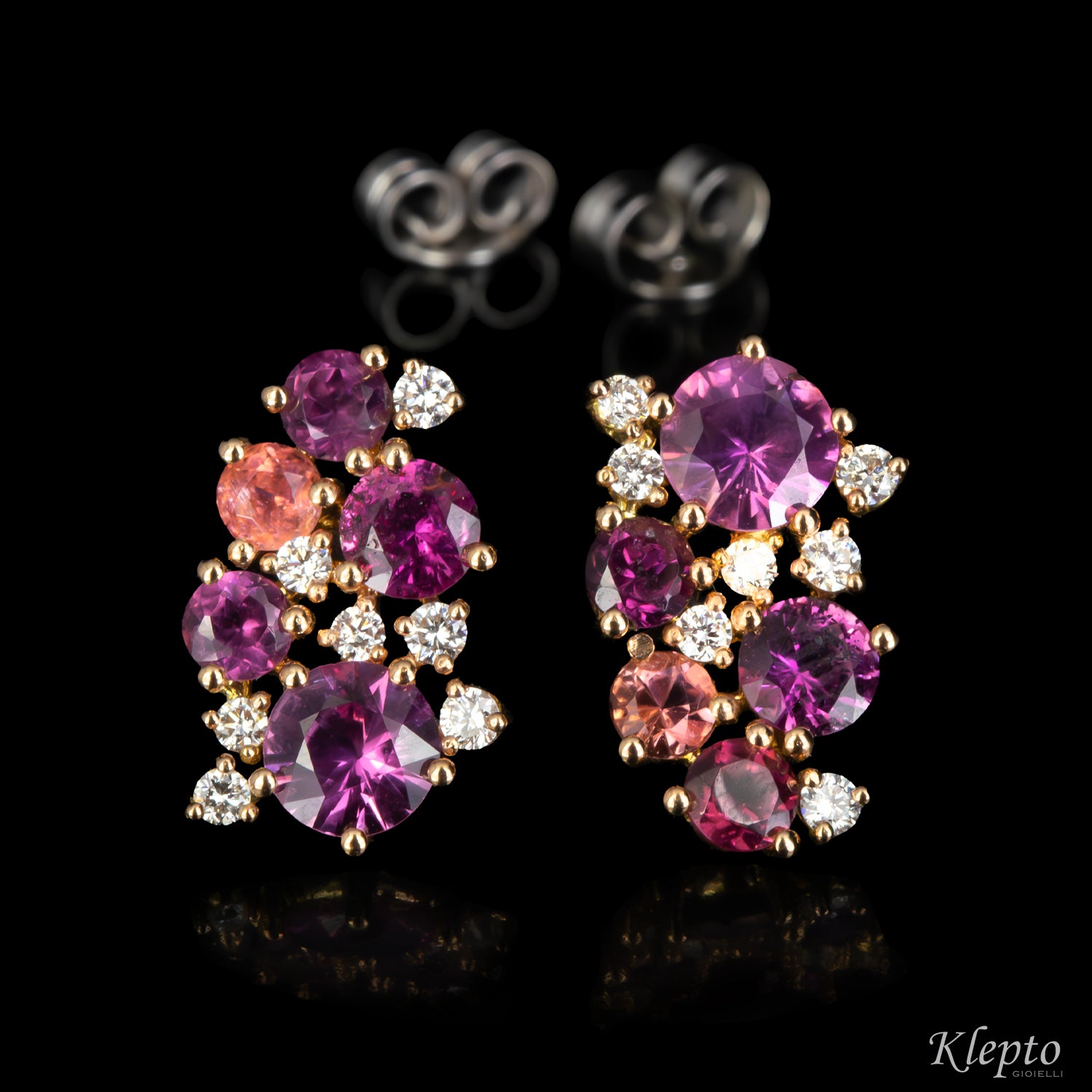 Orecchini in oro rosa e bianco con Zaffiri rosa, Rodoliti, Tormaline rosa e Diamanti