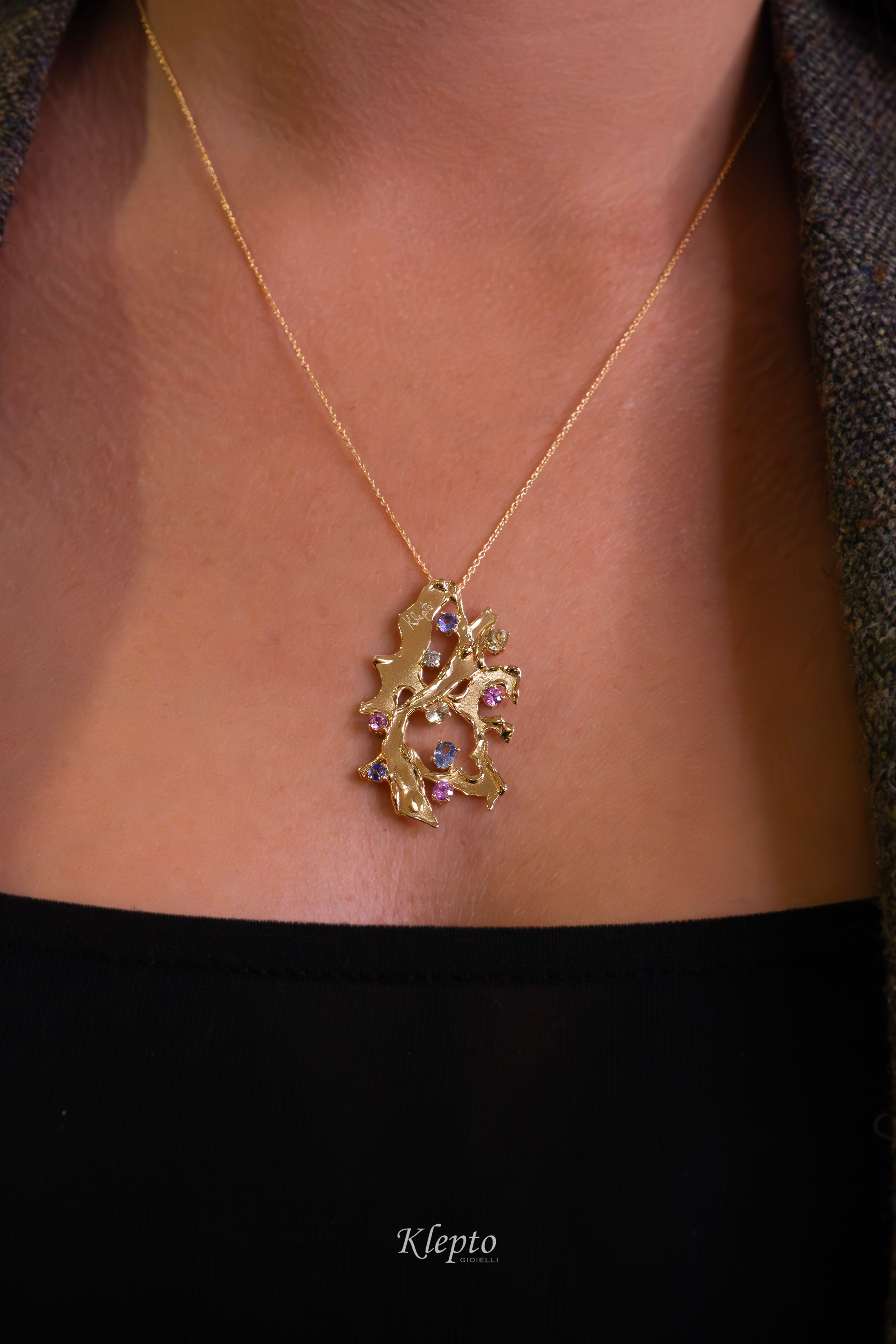 Pendente in oro giallo con Zaffiri, Tanzanite e Diamante