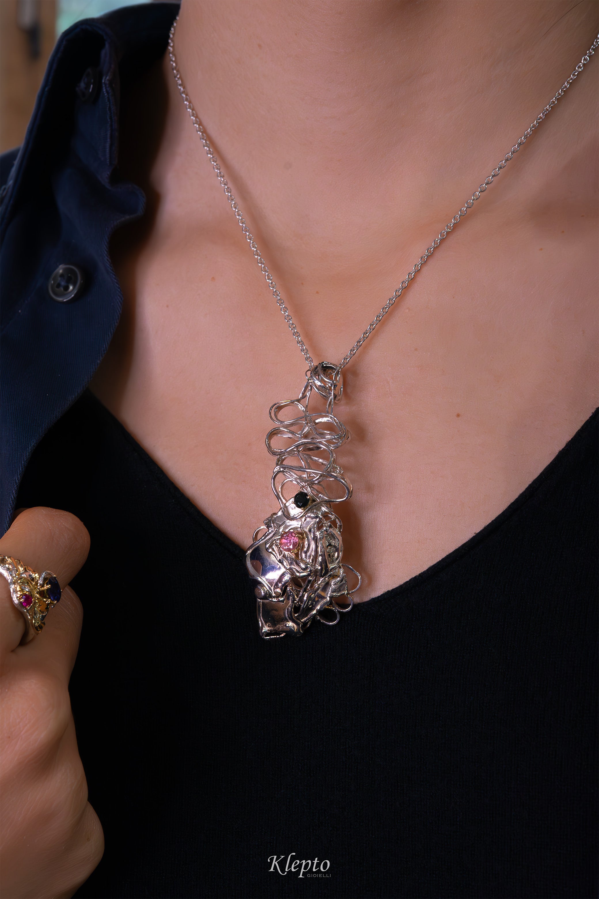 Pendente in Argento Silnova® con Tormaline dettagli in oro giallo