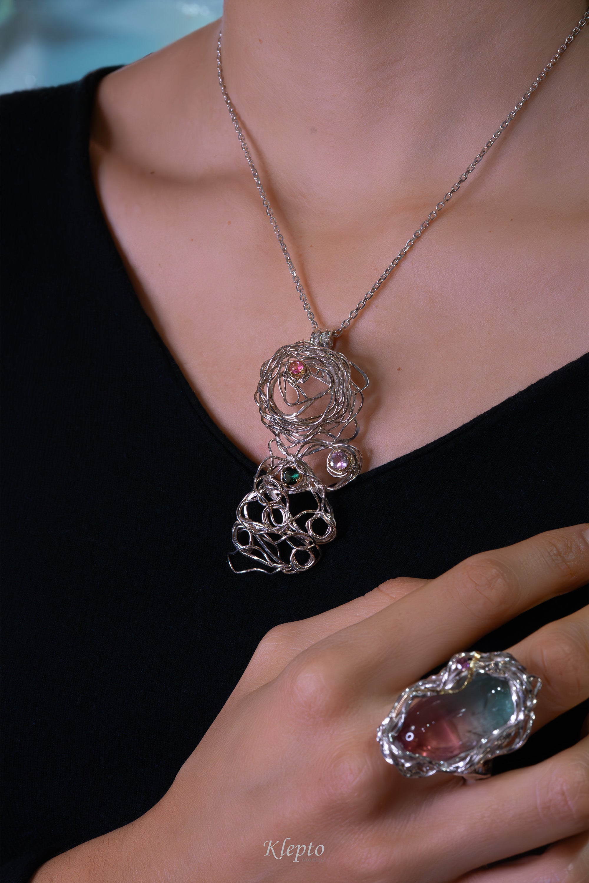 Pendente in Argento Silnova® con Tormaline dettagli in oro giallo