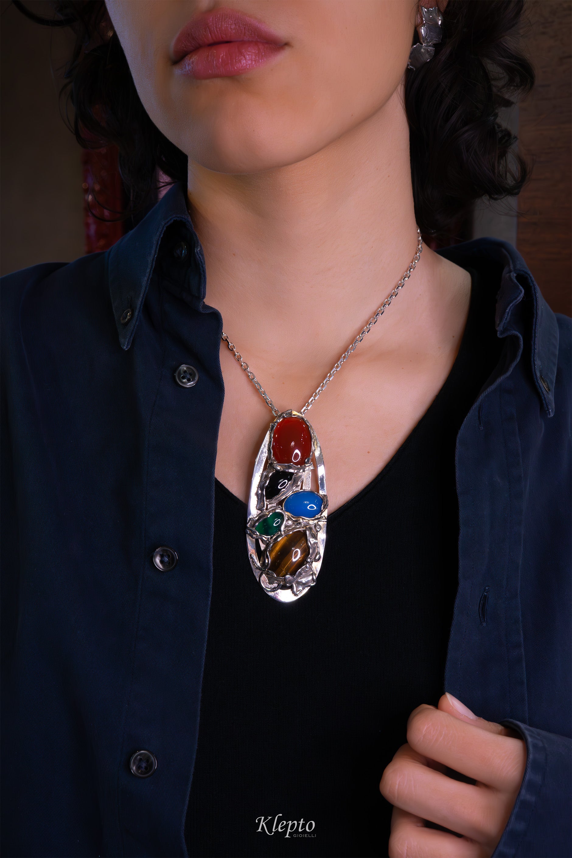 Pendente in Argento Silnova® con Agate, Onice e Occhio di tigre