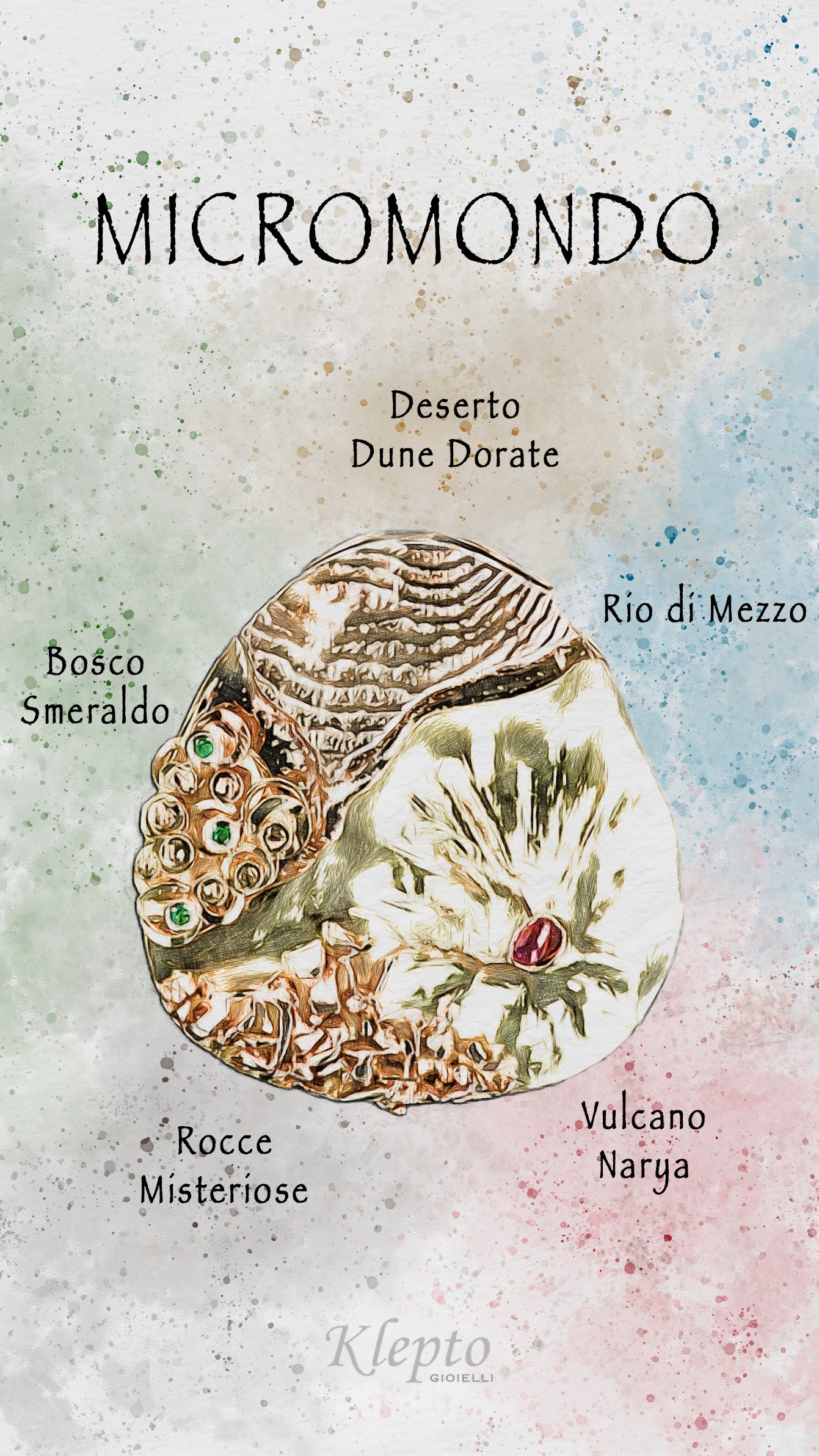 Pendente in oro scultura "Micromondo" con pietre preziose e tesoro nascosto