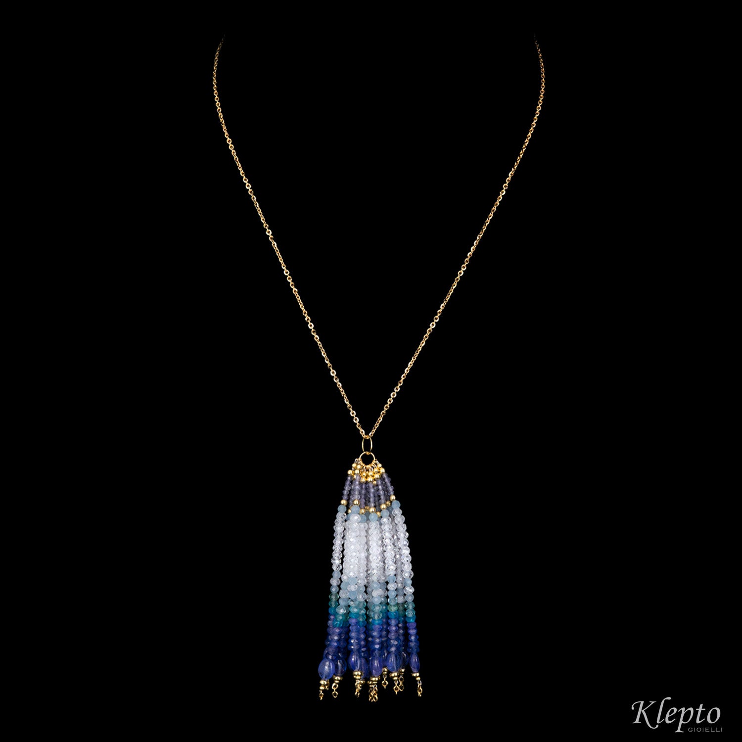 Collana Nappa in oro giallo con Tanzaniti, Zaffiri, Amazzonite, Pietra di luna e Acquamarina