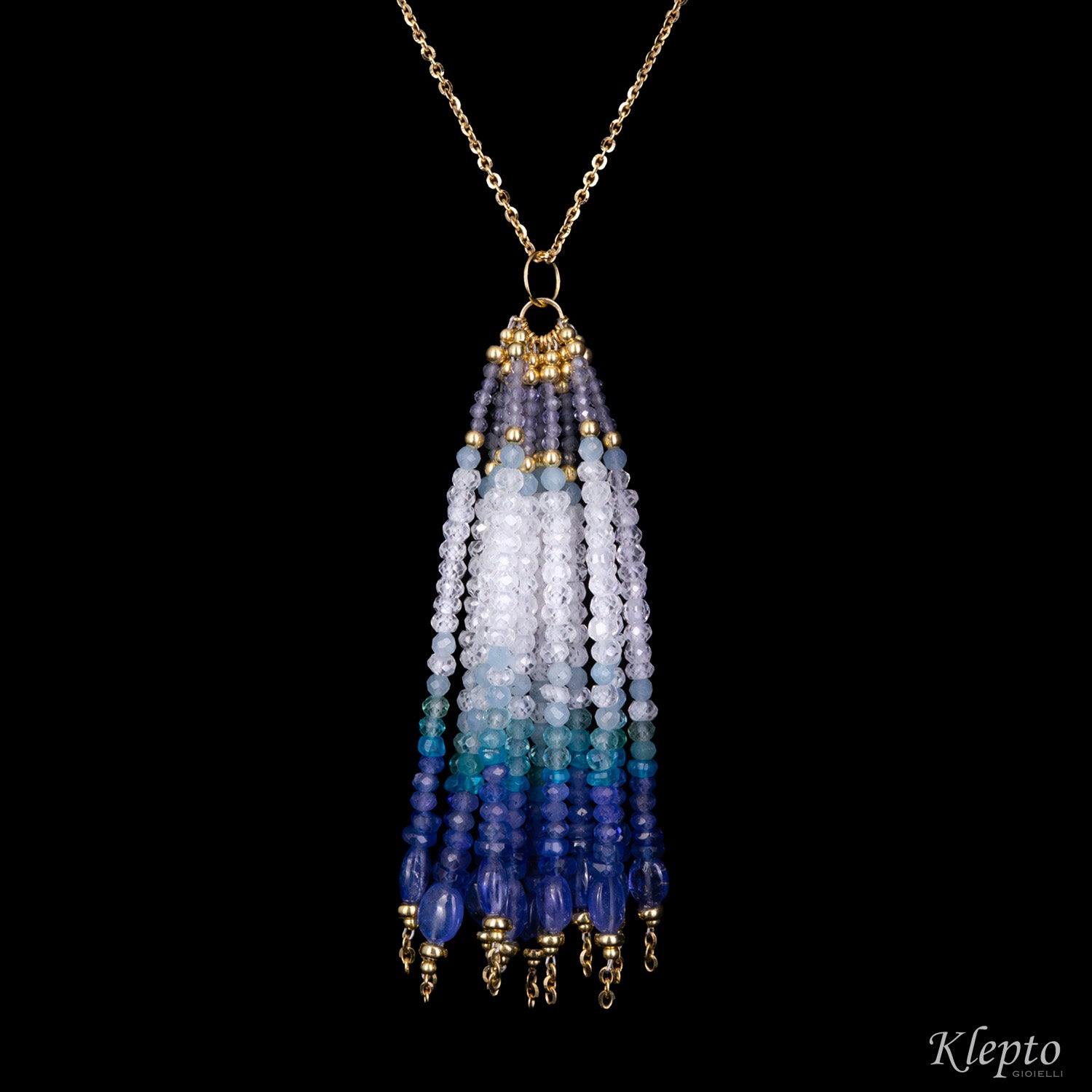 Collana Nappa in oro giallo con Tanzaniti, Zaffiri, Amazzonite, Pietra di luna e Acquamarina