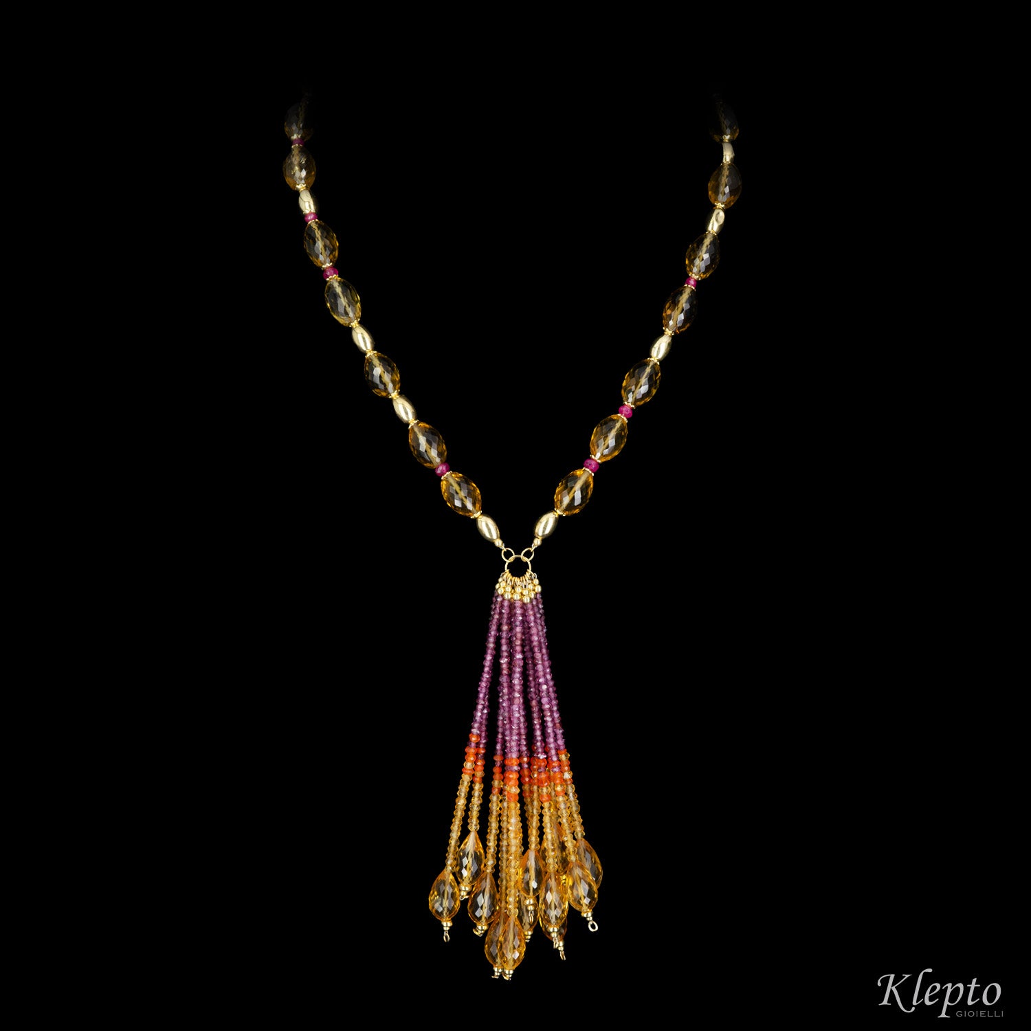 Collana Nappa in oro giallo con Quarzo, Rubini, Agata e Rodoliti