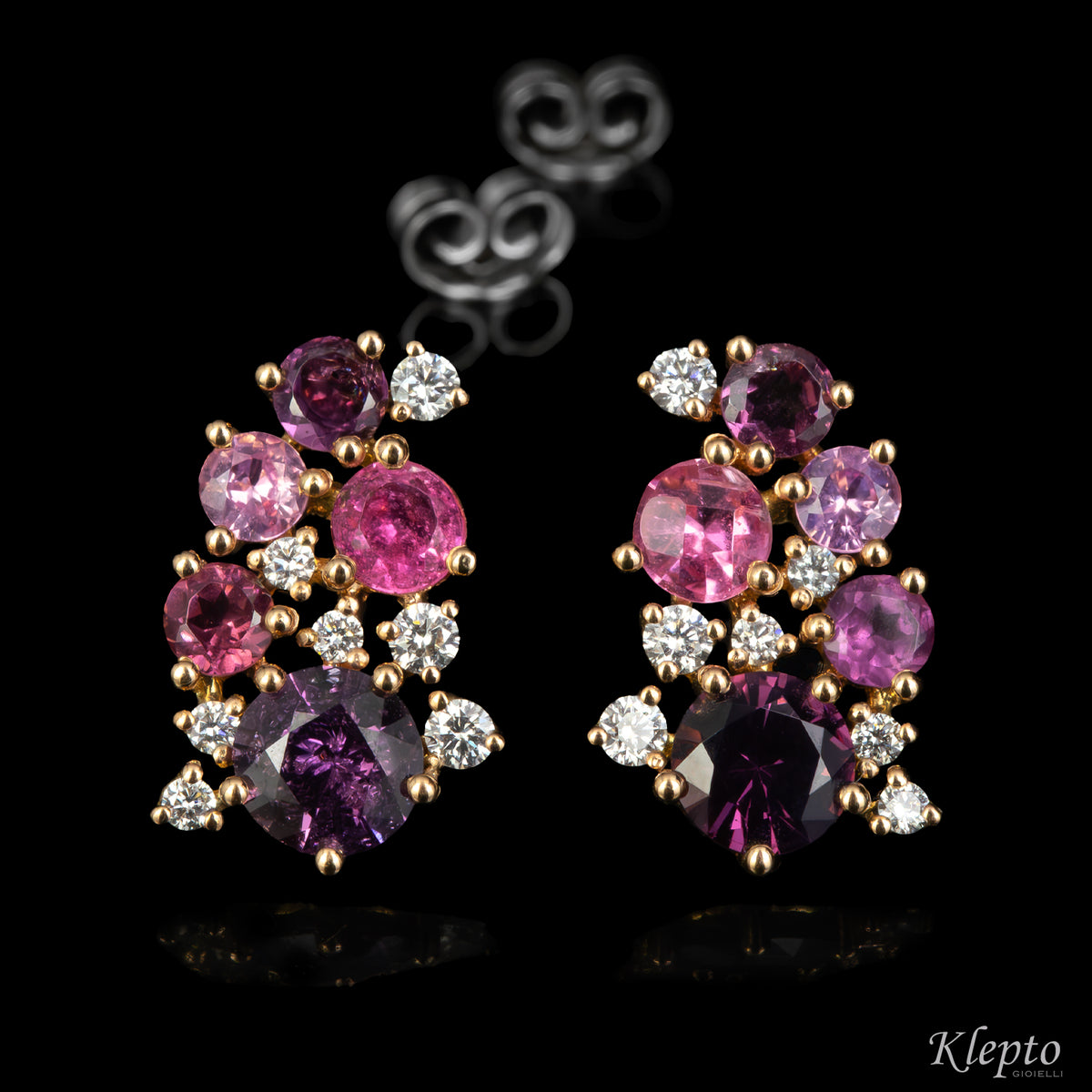 Orecchini in oro rosa e bianco con Zaffiri rosa, Rodoliti, Tormaline rosa e Diamanti