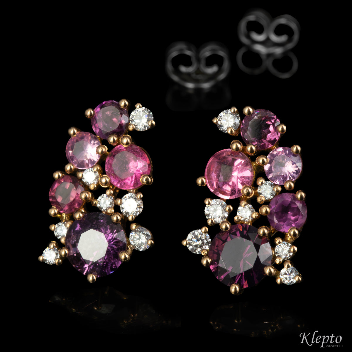 Orecchini in oro rosa e bianco con Zaffiri rosa, Rodoliti, Tormaline rosa e Diamanti