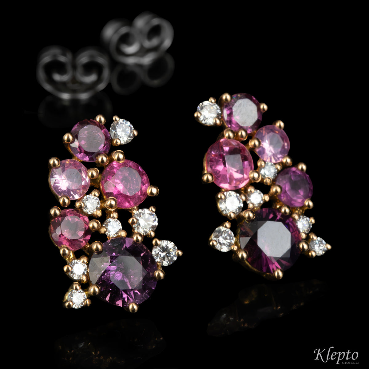 Orecchini in oro rosa e bianco con Zaffiri rosa, Rodoliti, Tormaline rosa e Diamanti