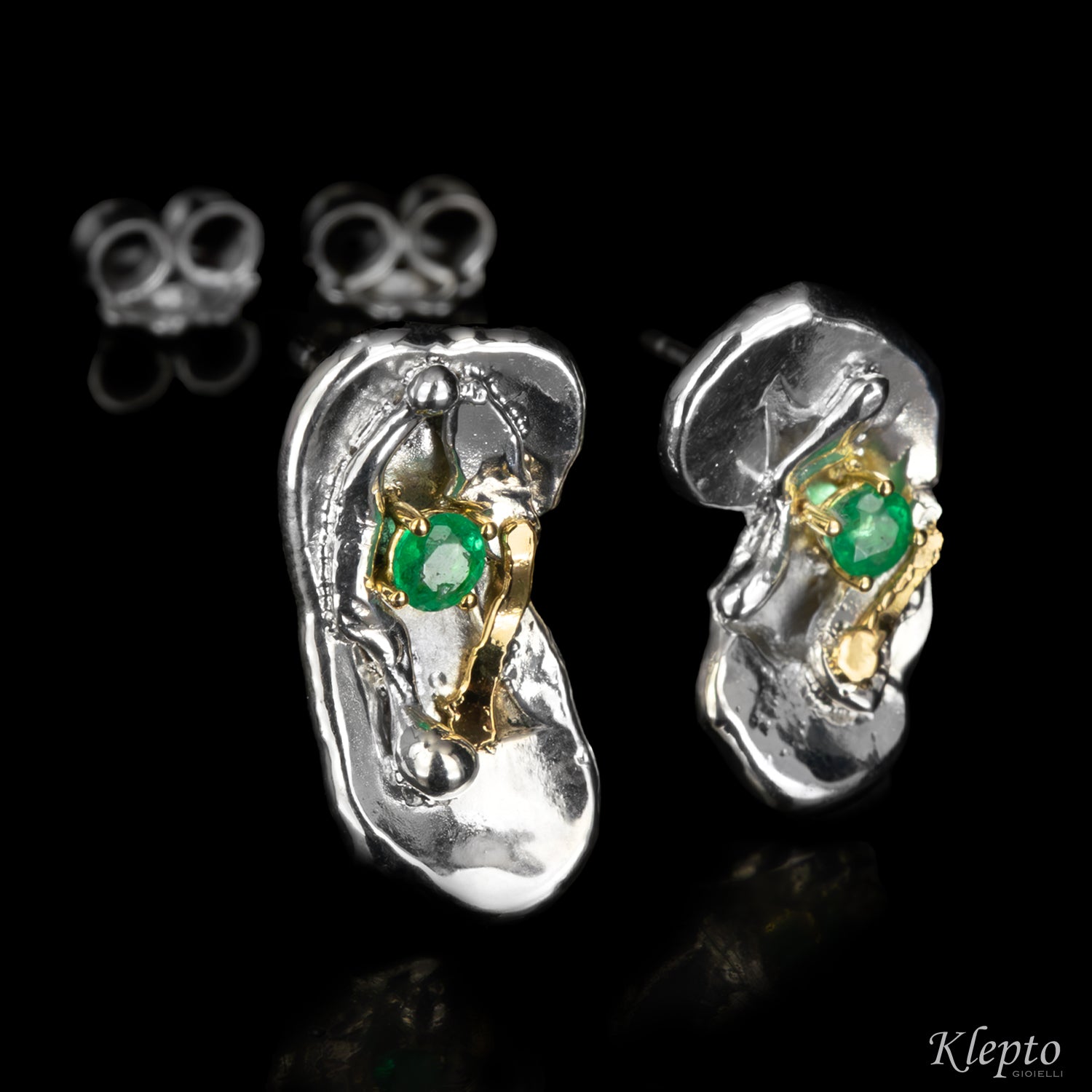 Orecchini in Argento Silnova® con Smeraldi e dettagli in oro giallo