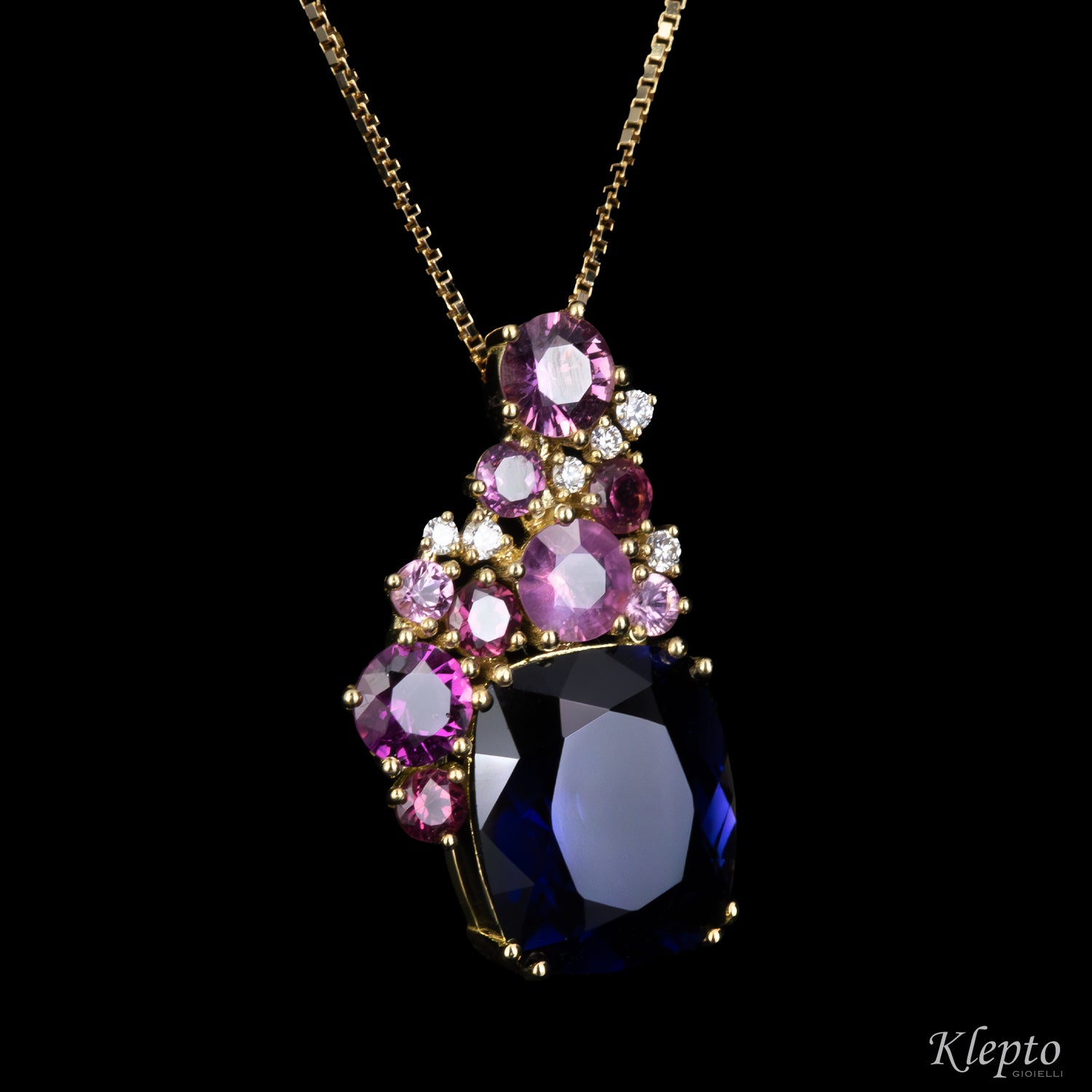 Pendente in oro giallo con Iolite, Zaffiri rosa, Rodoliti e Diamanti