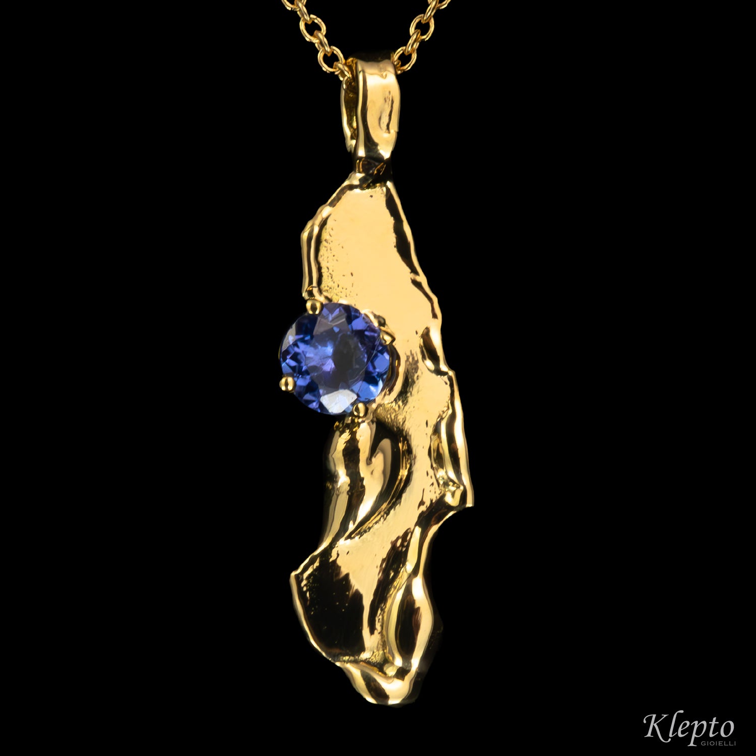 Pendente in oro giallo "Isola" fuso a fiamma con Tanzanite