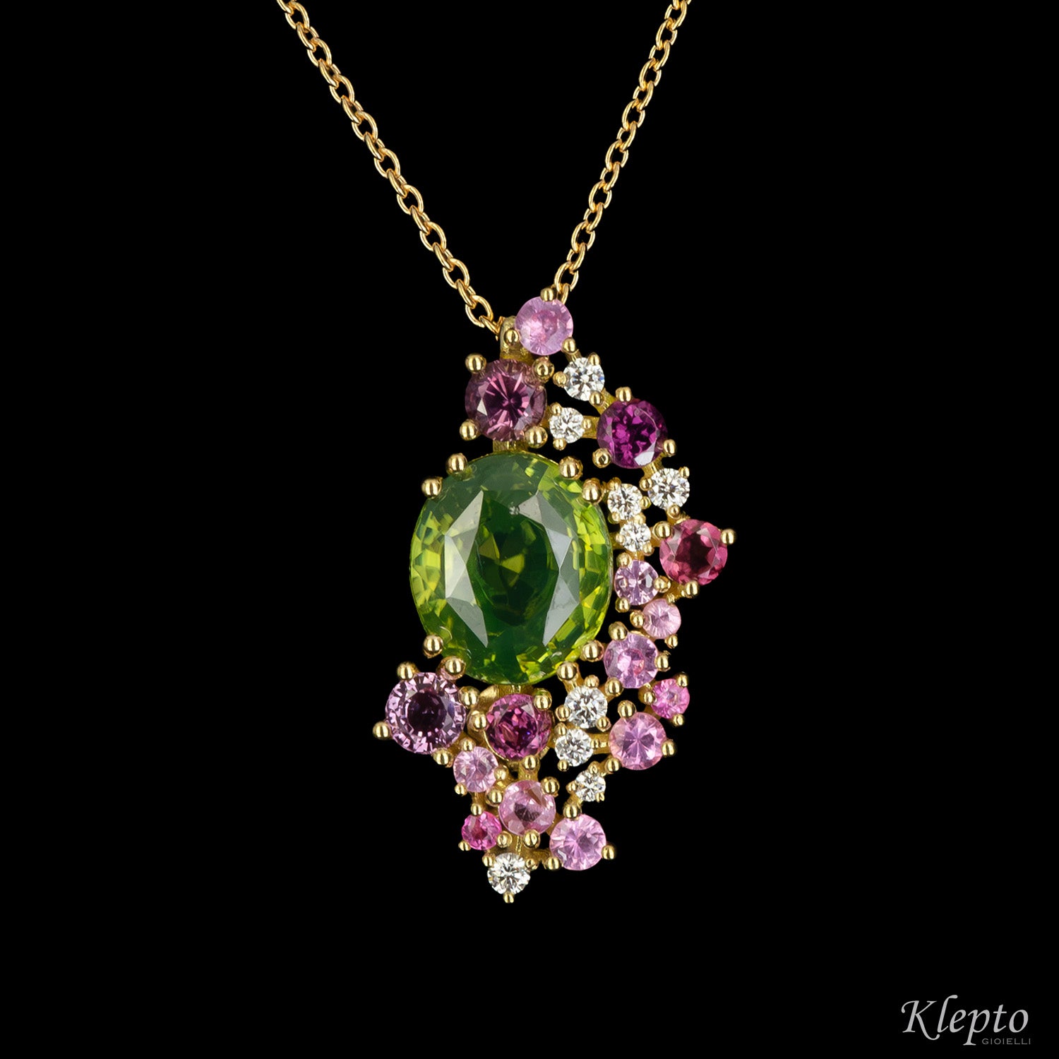 Pendente in oro giallo con Zircone verde naturale, Rodoliti, Zaffiri e Diamanti