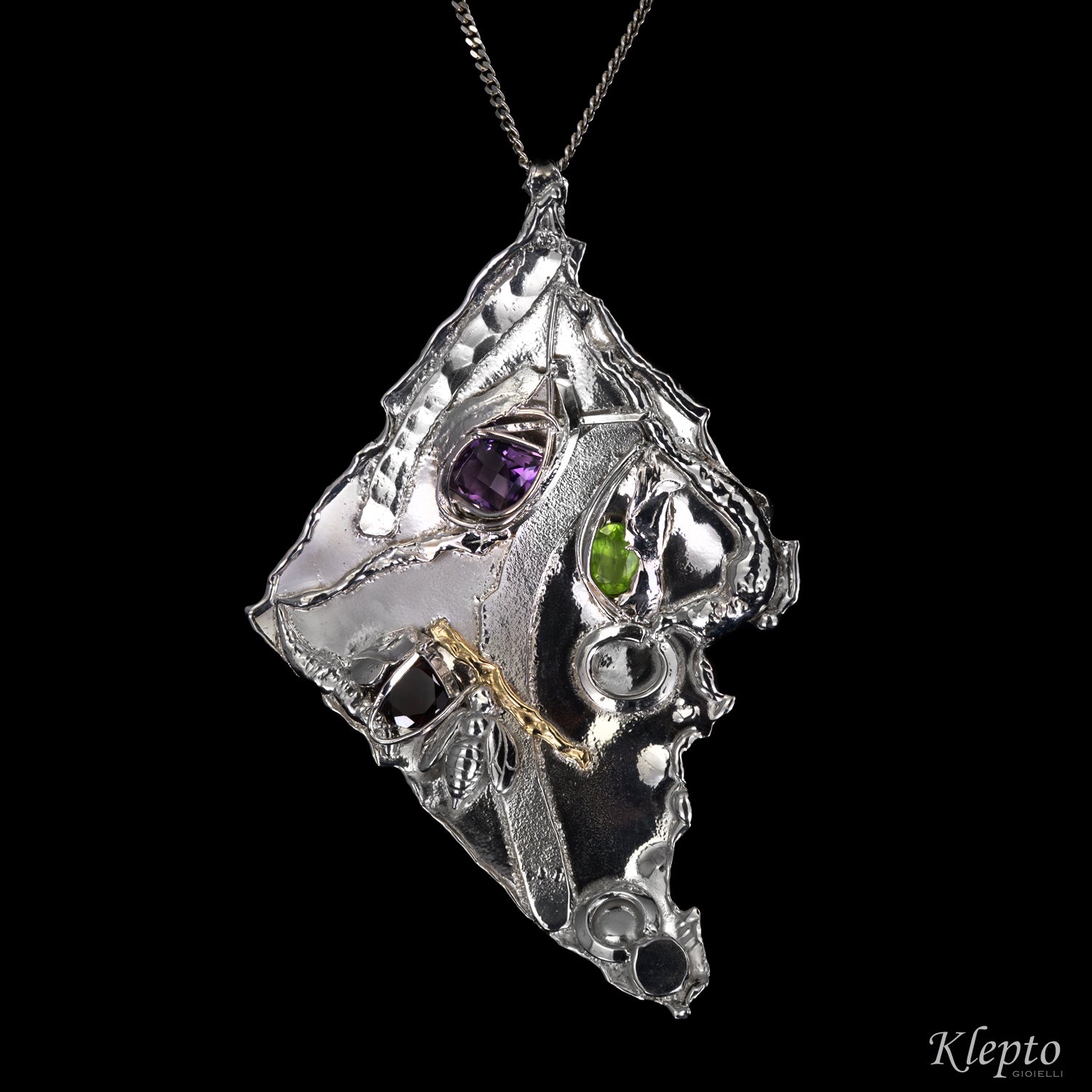 Pendente in Argento Silnova® con Ametista, Granato, Peridoto e dettaglio in oro giallo