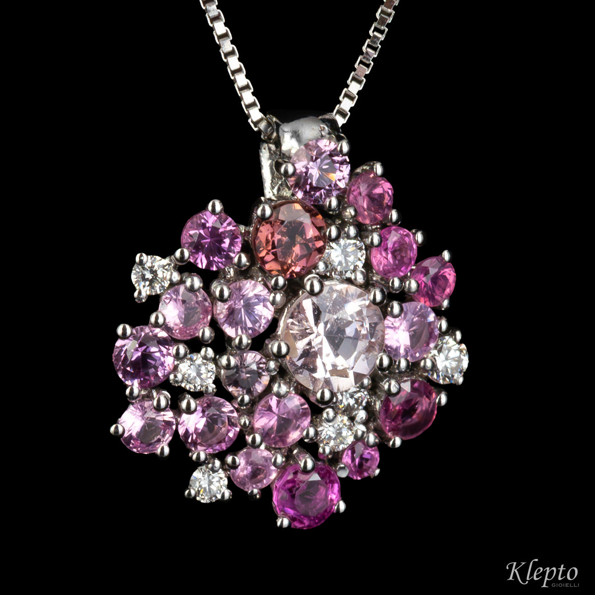 Pendente in oro bianco con Zaffiri rosa, Rodoliti e Diamanti