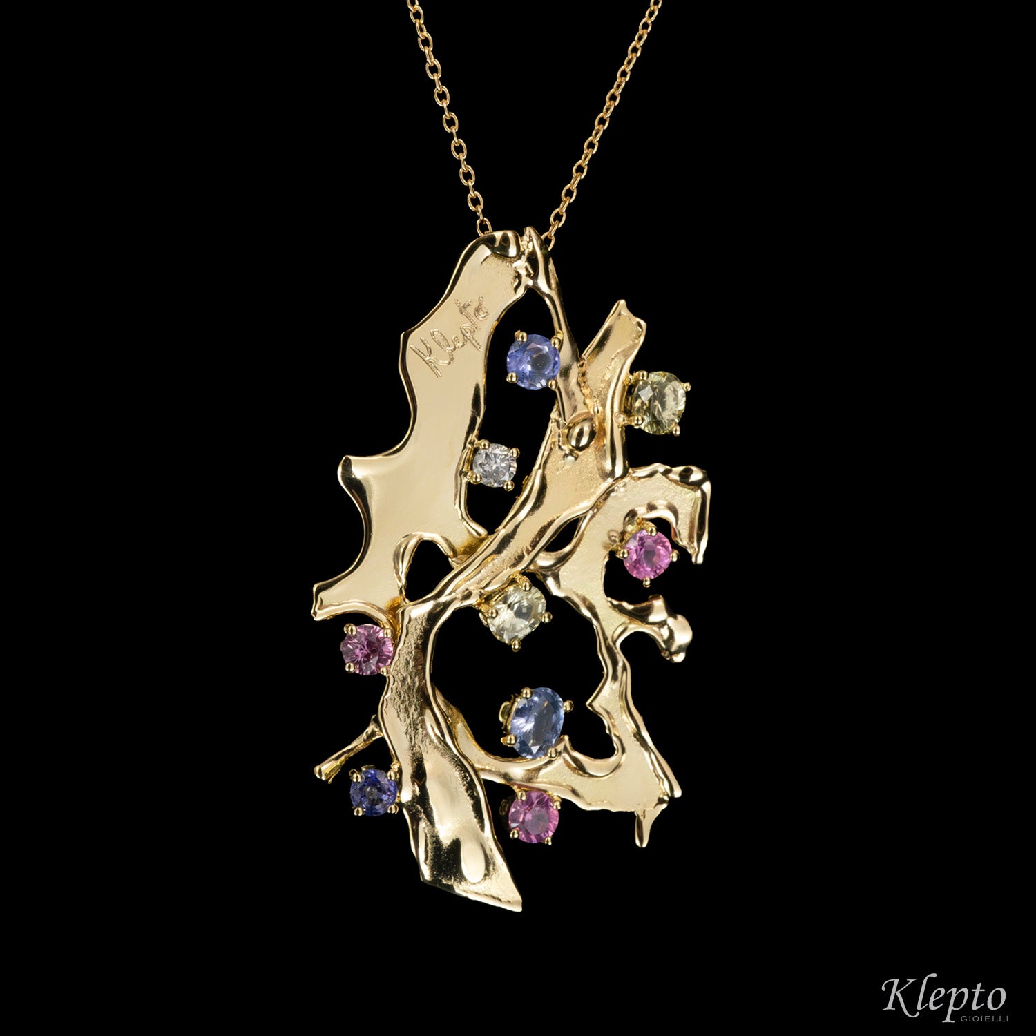 Pendente in oro giallo con Zaffiri, Tanzanite e Diamante