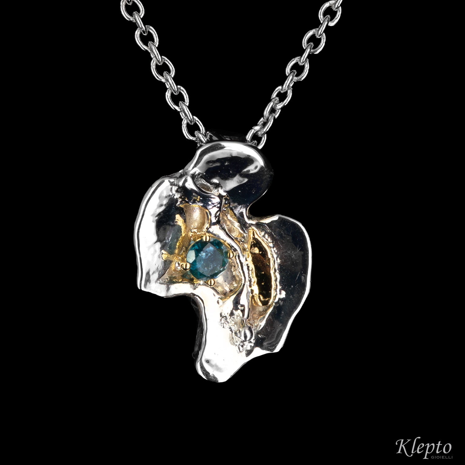 Pendente in Argento Silnova® con Tormalina ottanio e dettagli in oro giallo