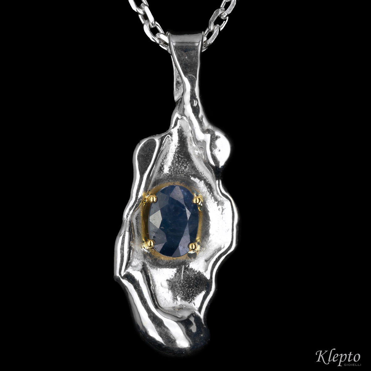Pendente in Argento Silnova® con Zaffiro blu e dettagli in oro giallo