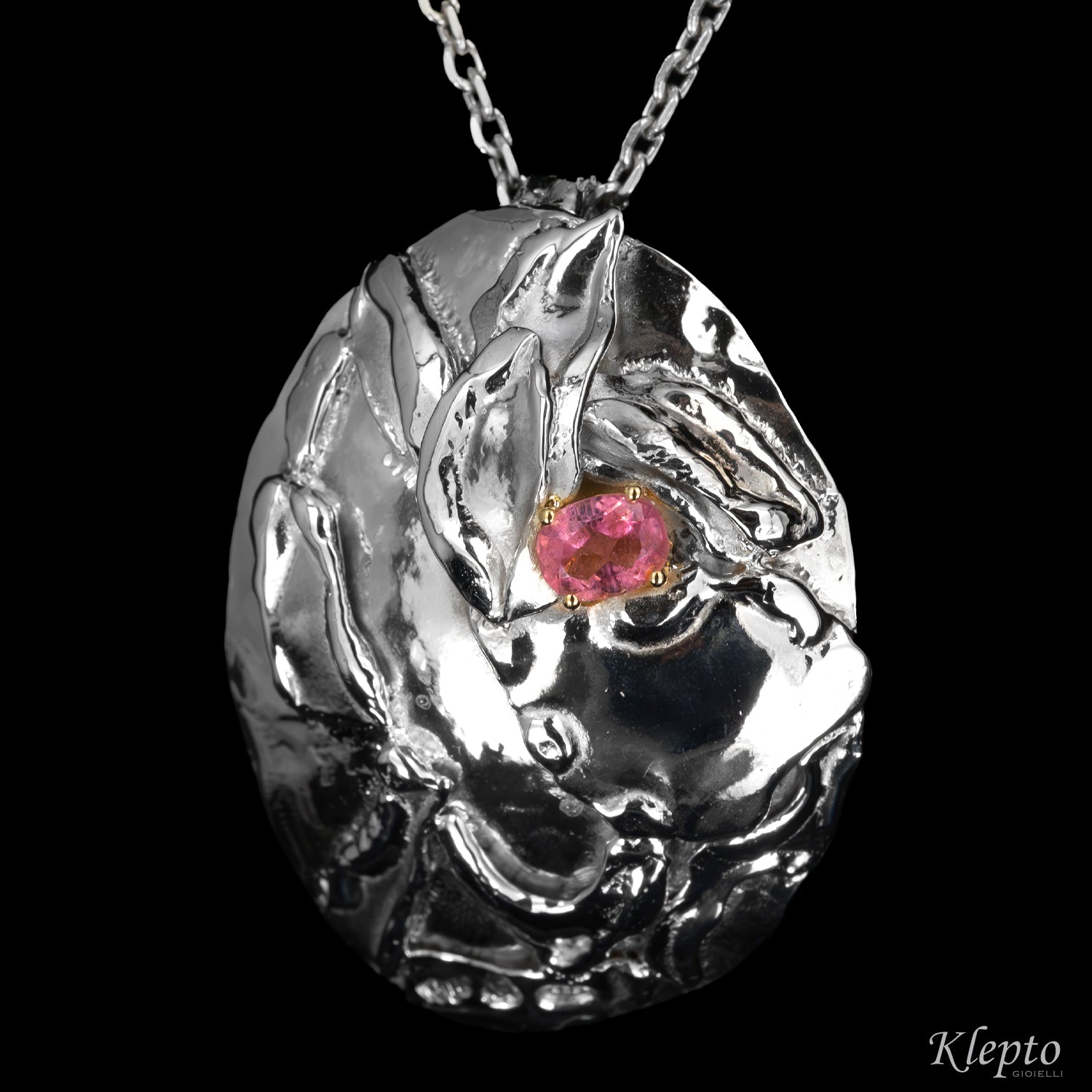 Pendente in Argento Silnova® con Tormalina rosa e dettagli in oro