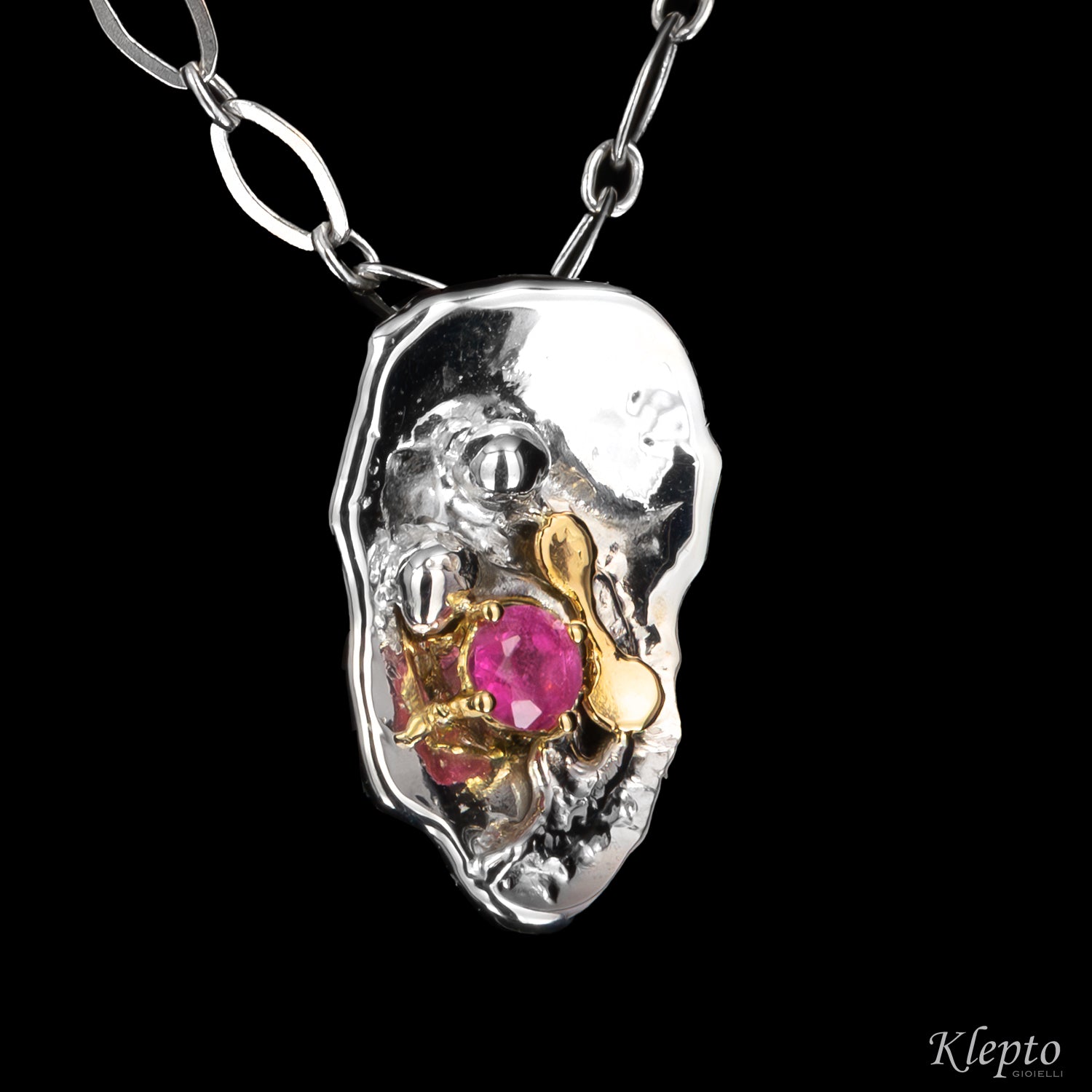 Pendente in Argento Silnova® con Tormalina rosa e dettagli in oro giallo