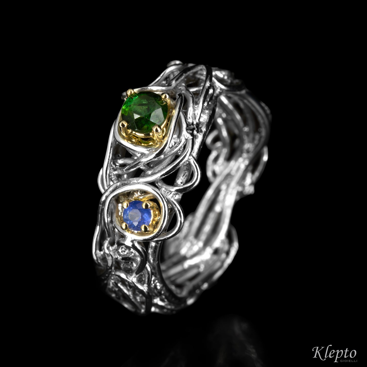 Anello in Argento Silnova® con Zaffiro, Tormalina e dettagli in oro giallo