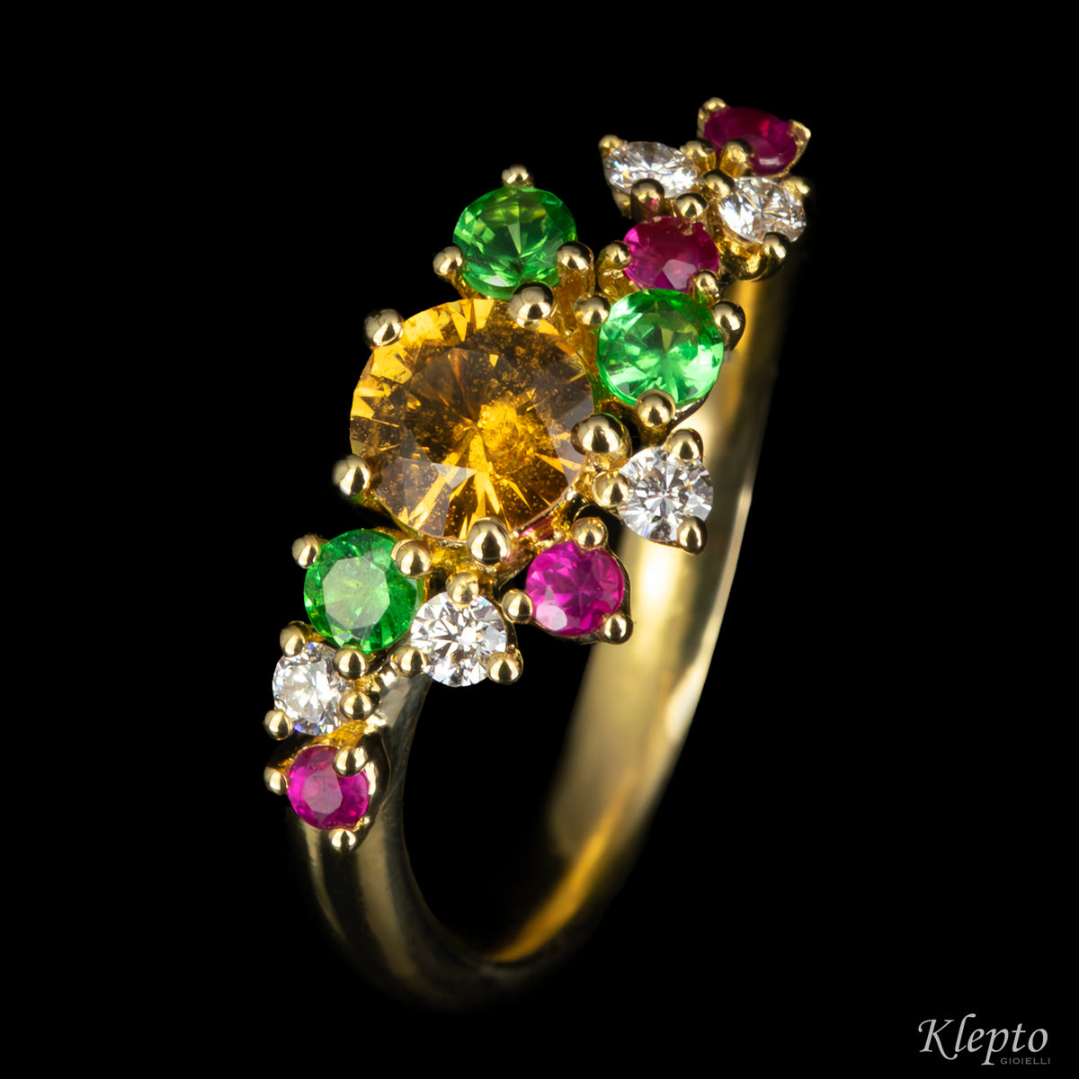 Anello classico by Klepto in oro giallo con Zaffiro giallo, Rubini, Tzavoriti e Diamanti