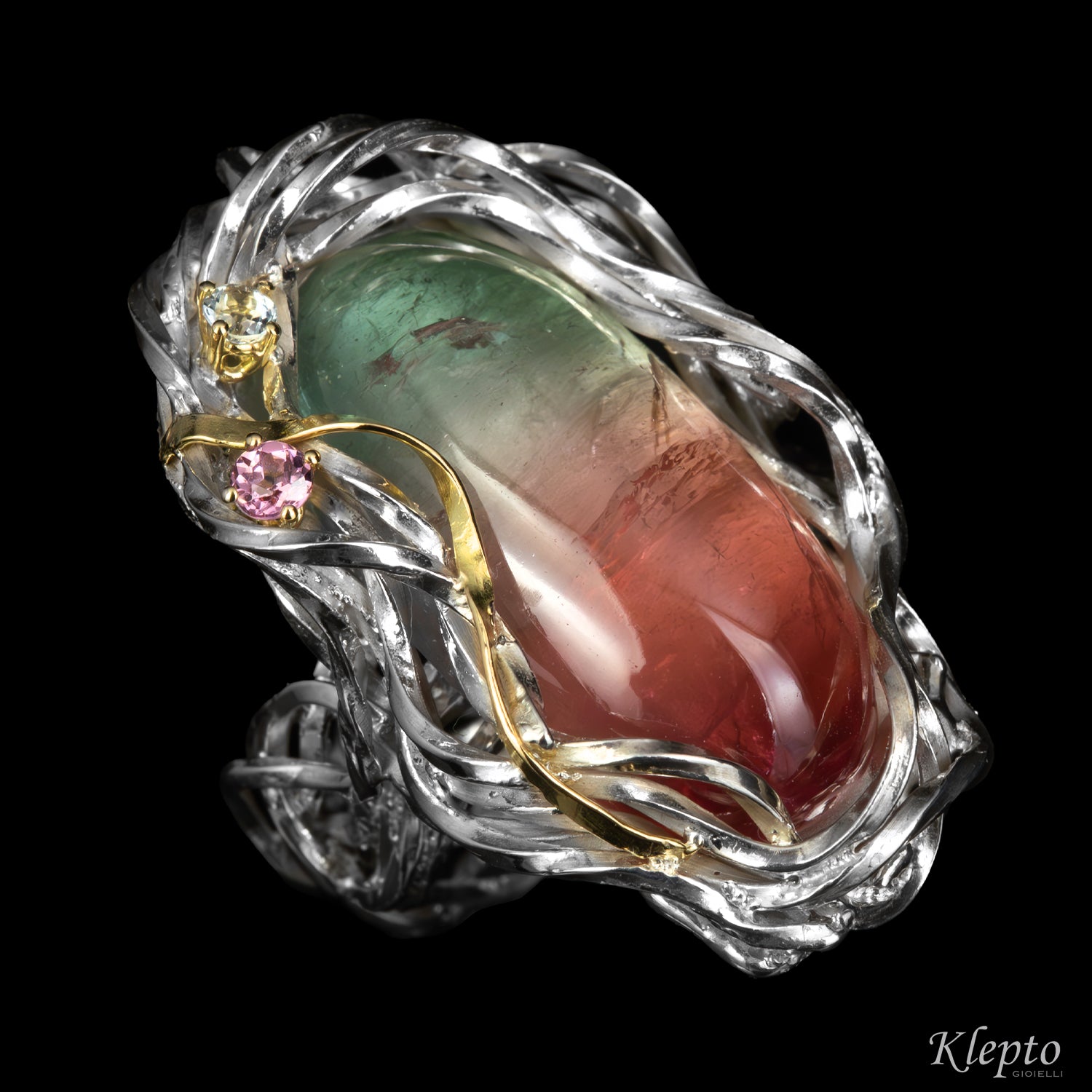 Anello in Argento Silnova® con Tormalina bicolor, Tormalina rosa, Acquamarina e dettagli in oro giallo
