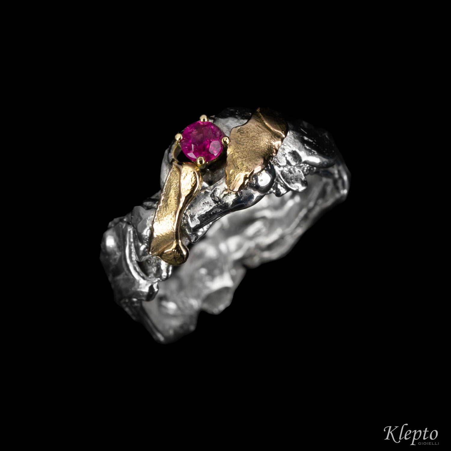 Anello in Argento Silnova® e oro giallo con Tormalina rosa