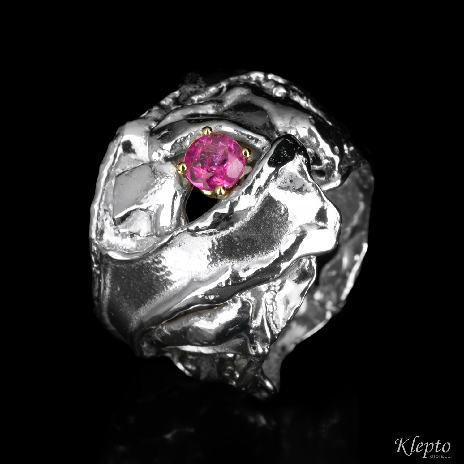 Anello in Argento Silnova® con Tormalina rosa e dettagli in oro giallo