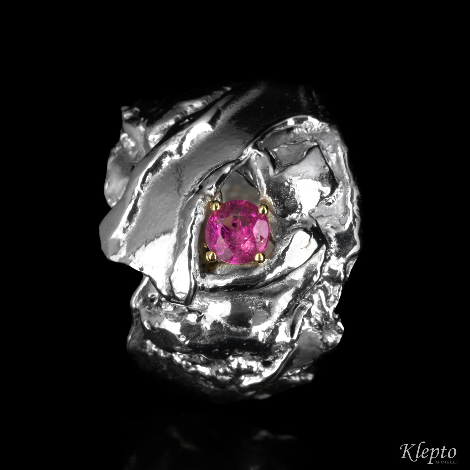 Anello in Argento Silnova® con Tormalina rosa e dettagli in oro giallo