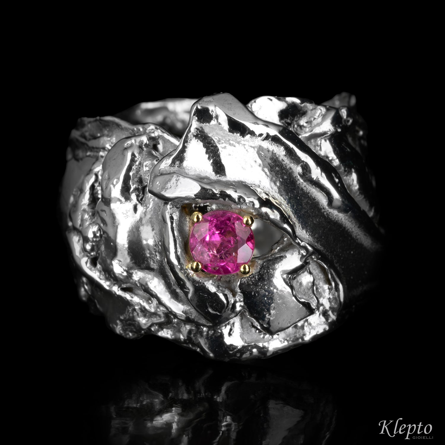 Anello in Argento Silnova® con Tormalina rosa e dettagli in oro giallo