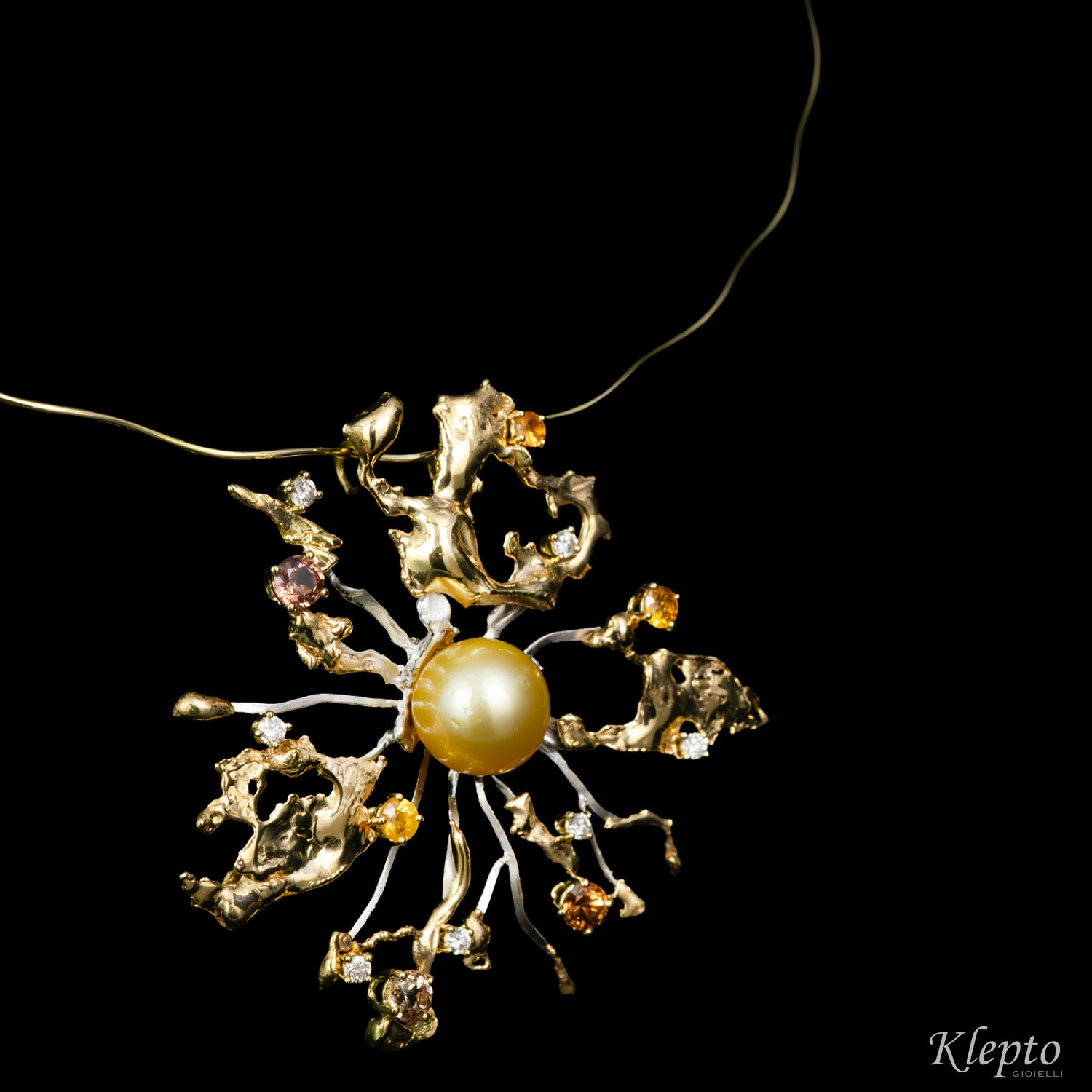 Collier in oro giallo e bianco "Big Bang" con Perla Australiana Gold, Zaffiri e Diamanti